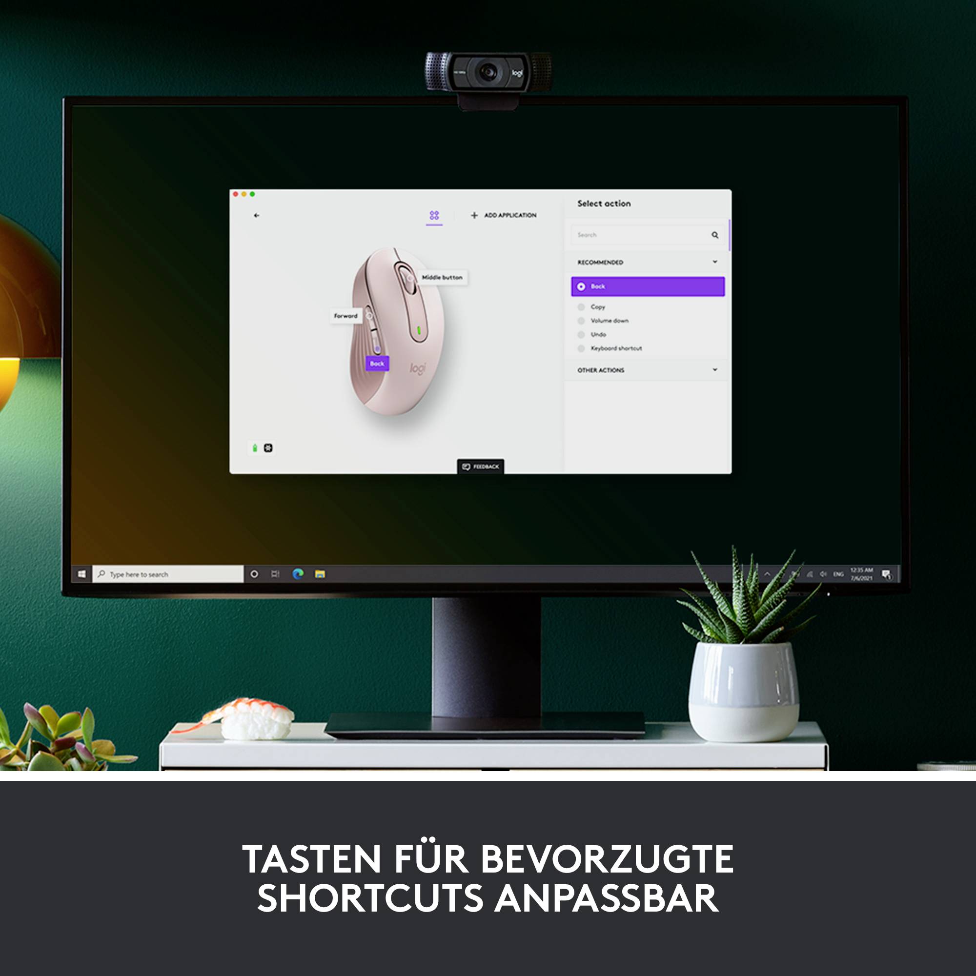Ein Computerbildschirm zeigt eine Anwendung zur Anpassung von Maustasten für bevorzugte Shortcuts. Darunter steht: 'Tasten für bevorzugte Shortcuts anpassbar'.