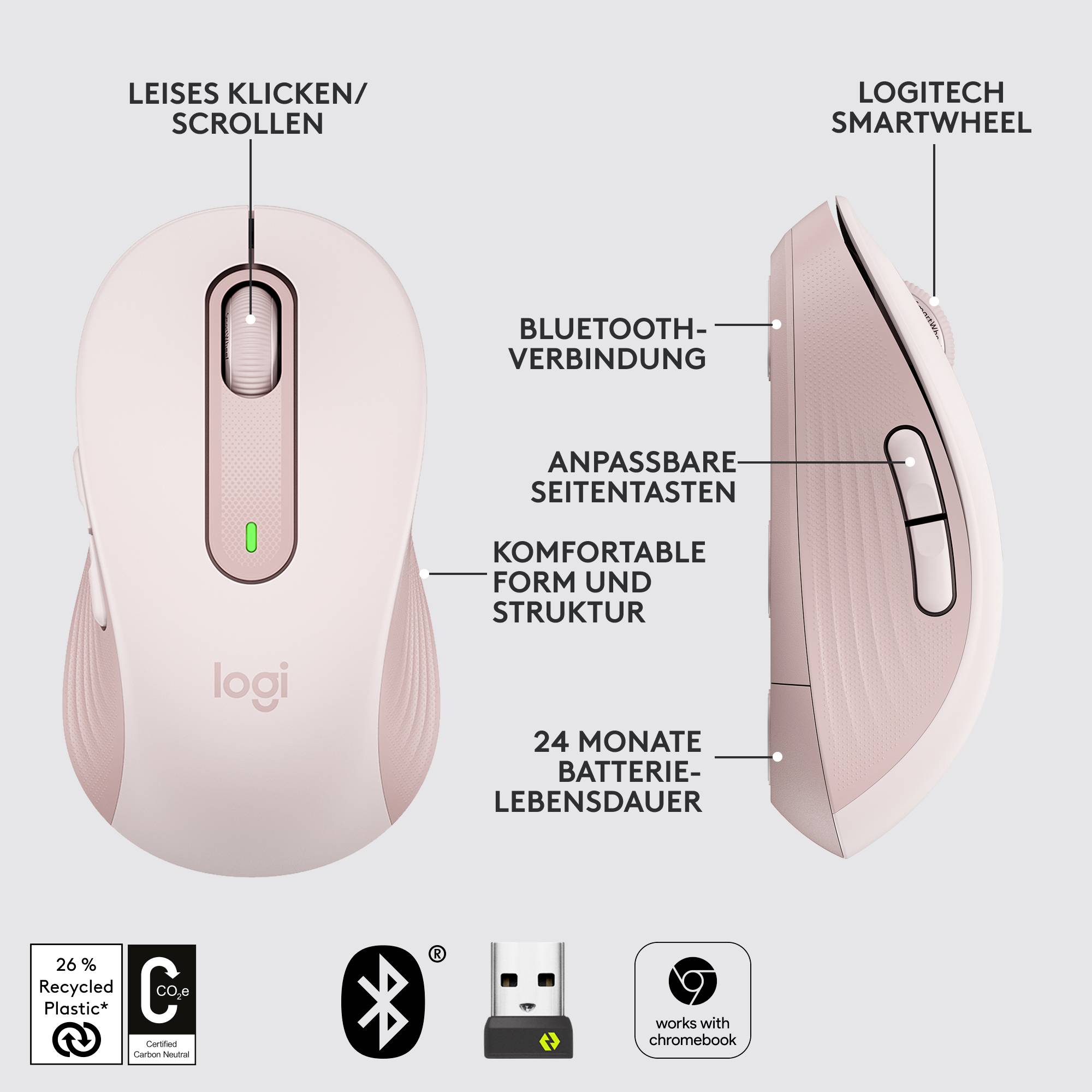 Kabellose Logitech-Maus in Rosa mit Bluetooth, anpassbarer Seitentaste und Smartwheel. 24 Monate Batterielaufzeit. Kompatibel mit Windows und ChromeOS.