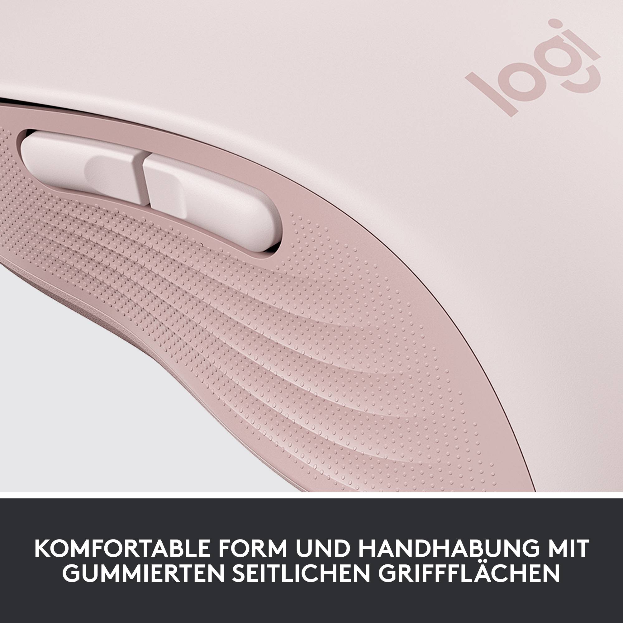 Rosa Computermaus mit ergonomischer Form, gummierten seitlichen Griffen und zwei sichtbaren Tasten. Im Hintergrund das Logo 'logi'.
