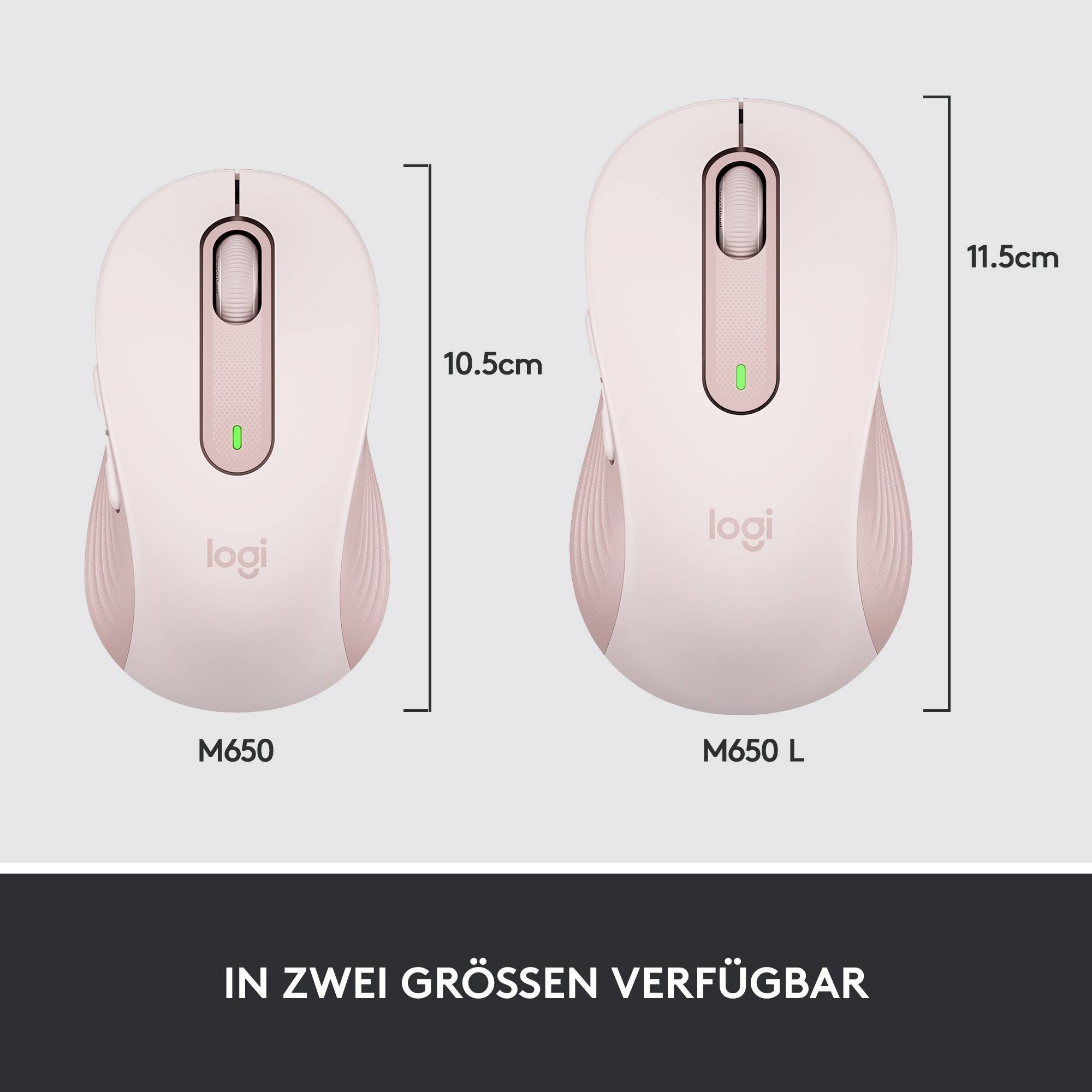 Zwei kabellose Mäuse in Rosa, Größen M650 (10,5 cm) und M650 L (11,5 cm). Beschriftung unten: 'In zwei Größen verfügbar'.
