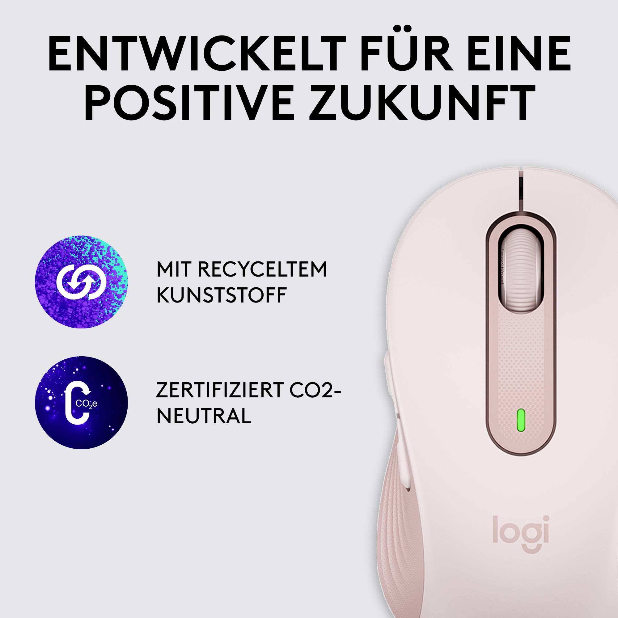 Eine rosa Computermaus neben Symbolen: 'Mit recyceltem Kunststoff' und 'Zertifiziert CO2-neutral'. Text oben: 'Entwickelt für eine positive Zukunft'.