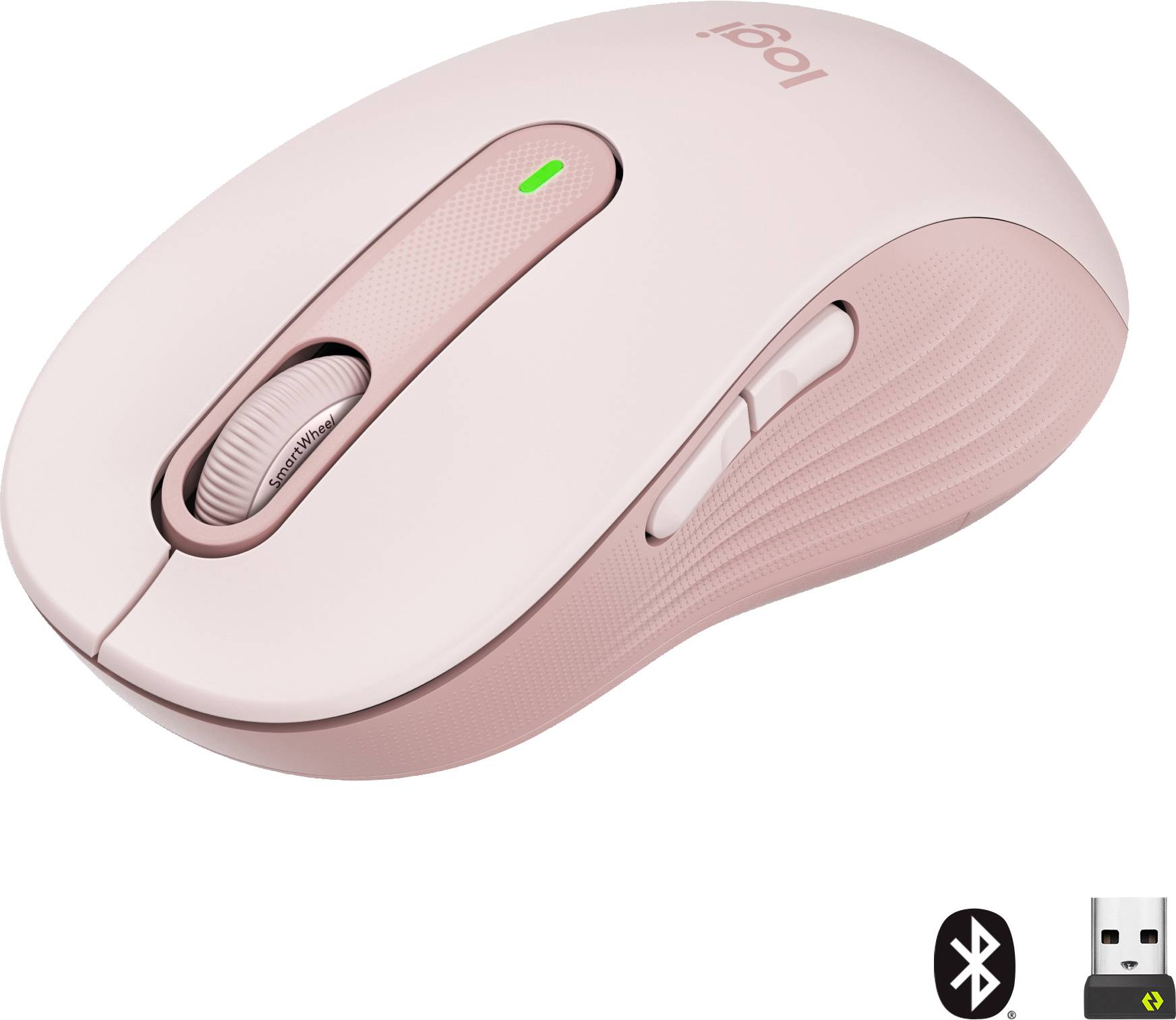 Rosa kabellose Computermaus mit Scrollrad und seitlichen Tasten. Symbol für Bluetooth-Verbindung und USB-Empfänger dargestellt.
