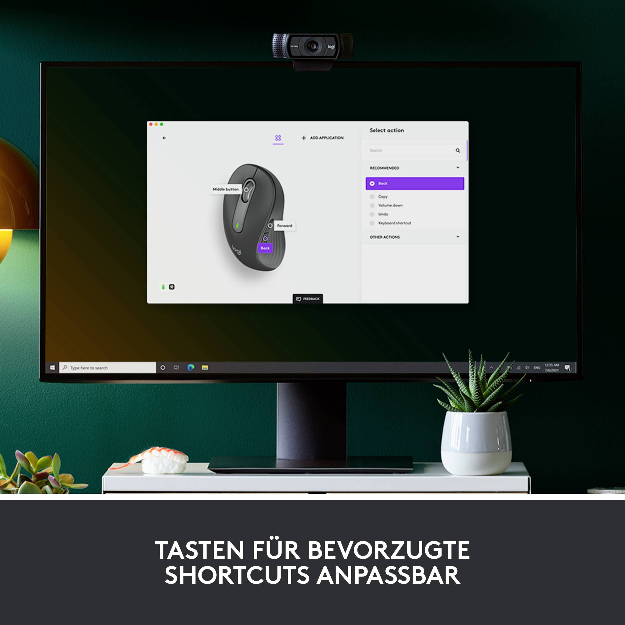 Ein Computerbildschirm zeigt eine Softwareanwendung zur Anpassung von Tasten auf einer Logitech-Maus mit Optionen auf der rechten Seite.