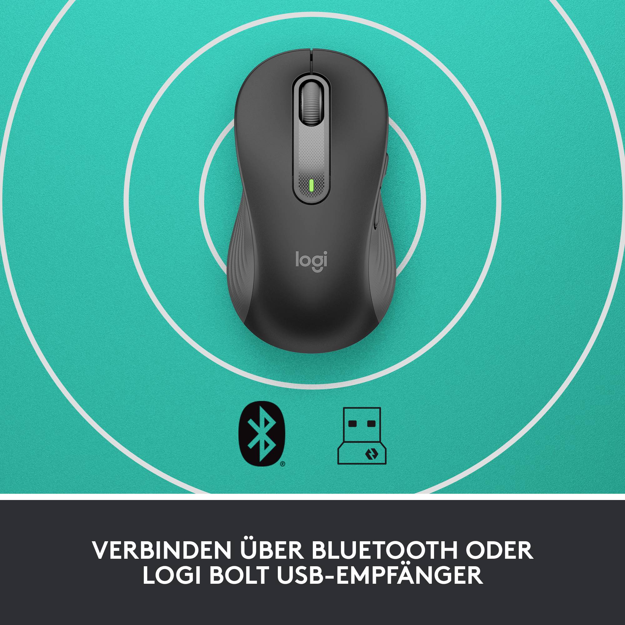 Eine schwarze Computermaus auf türkisfarbenem Hintergrund mit Kreisen und Symbolen für Bluetooth und USB. Text: 'Verbinden über Bluetooth oder Logi Bolt USB-Empfänger'.