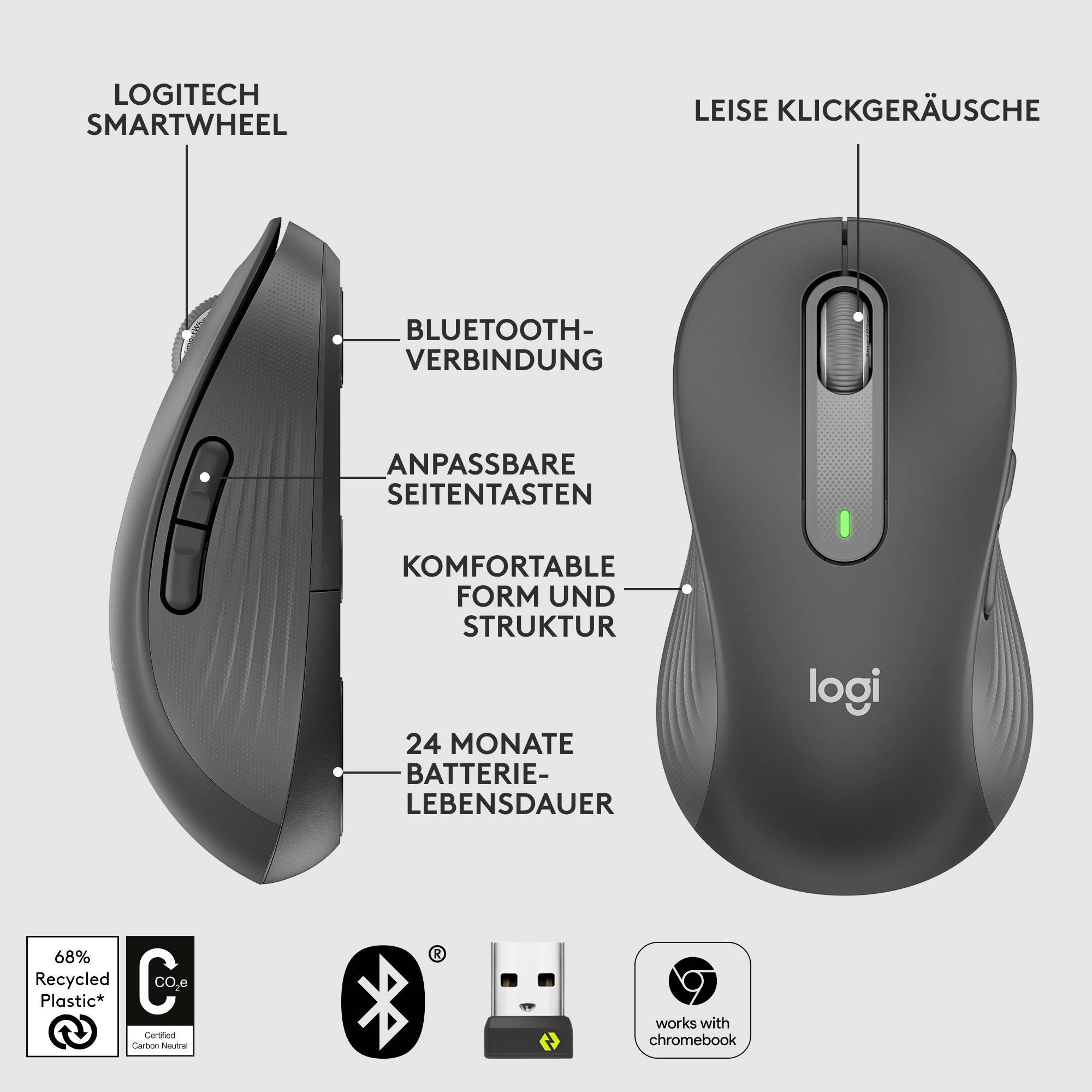 Schwarze Logitech-Maus mit SmartWheel, leisen Klickgeräuschen, anpassbaren Seitentasten und Bluetooth. 24 Monate Batteriedauer.