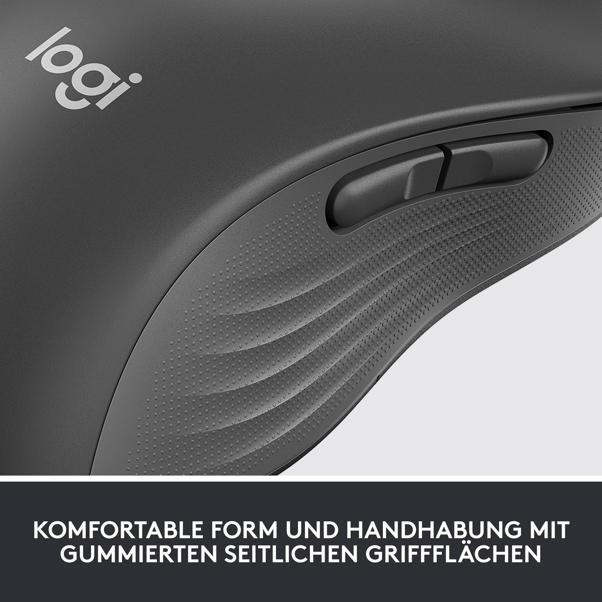 Draufsicht auf eine ergonomisch geformte schwarze Computermaus mit zwei seitlichen Tasten. Unter dem Bild steht: 'Komfortable Form und Handhabung mit gummierten seitlichen Griffflächen'.
