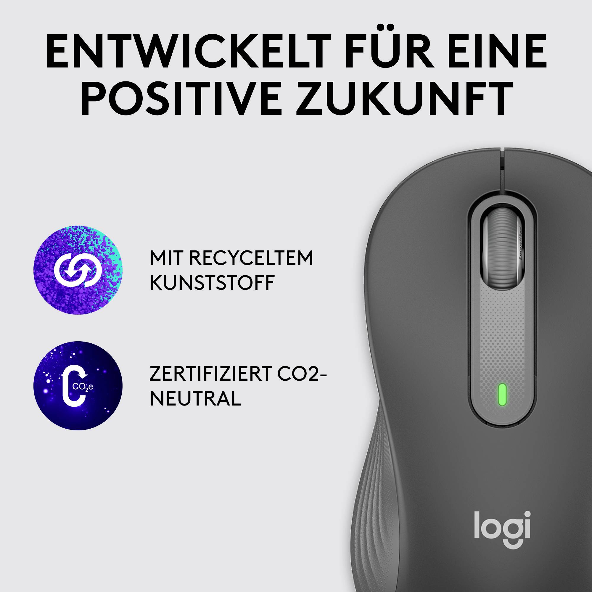 Drahtlose Maus mit recyceltem Kunststoff und zertifiziert CO2-neutral. Schriftzug: Entwickelt für eine positive Zukunft.