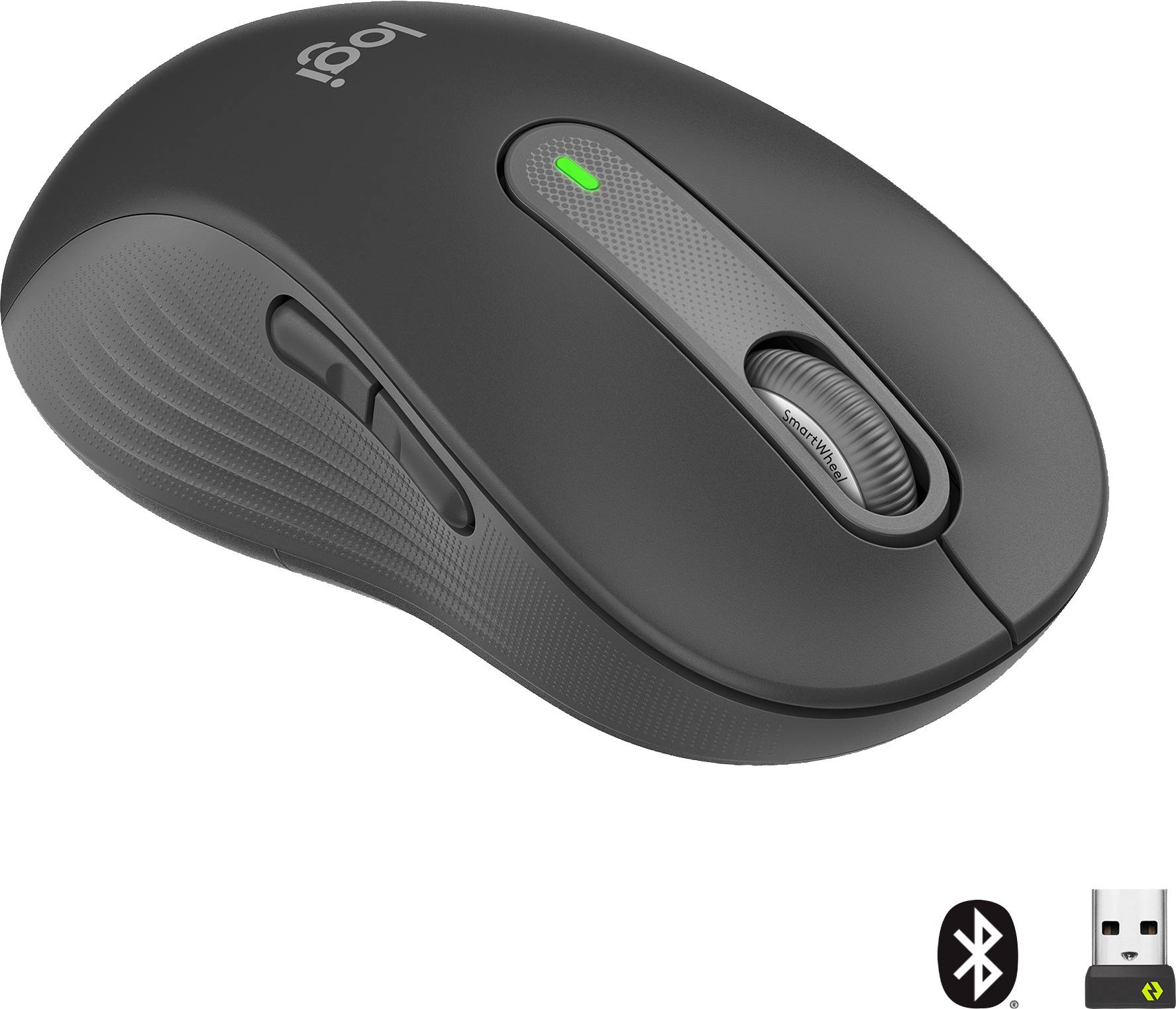 Kabellose, schwarze Computermaus mit Scrollrad und zwei seitlichen Tasten. Verbindungsmöglichkeiten: Bluetooth und USB-Dongle.