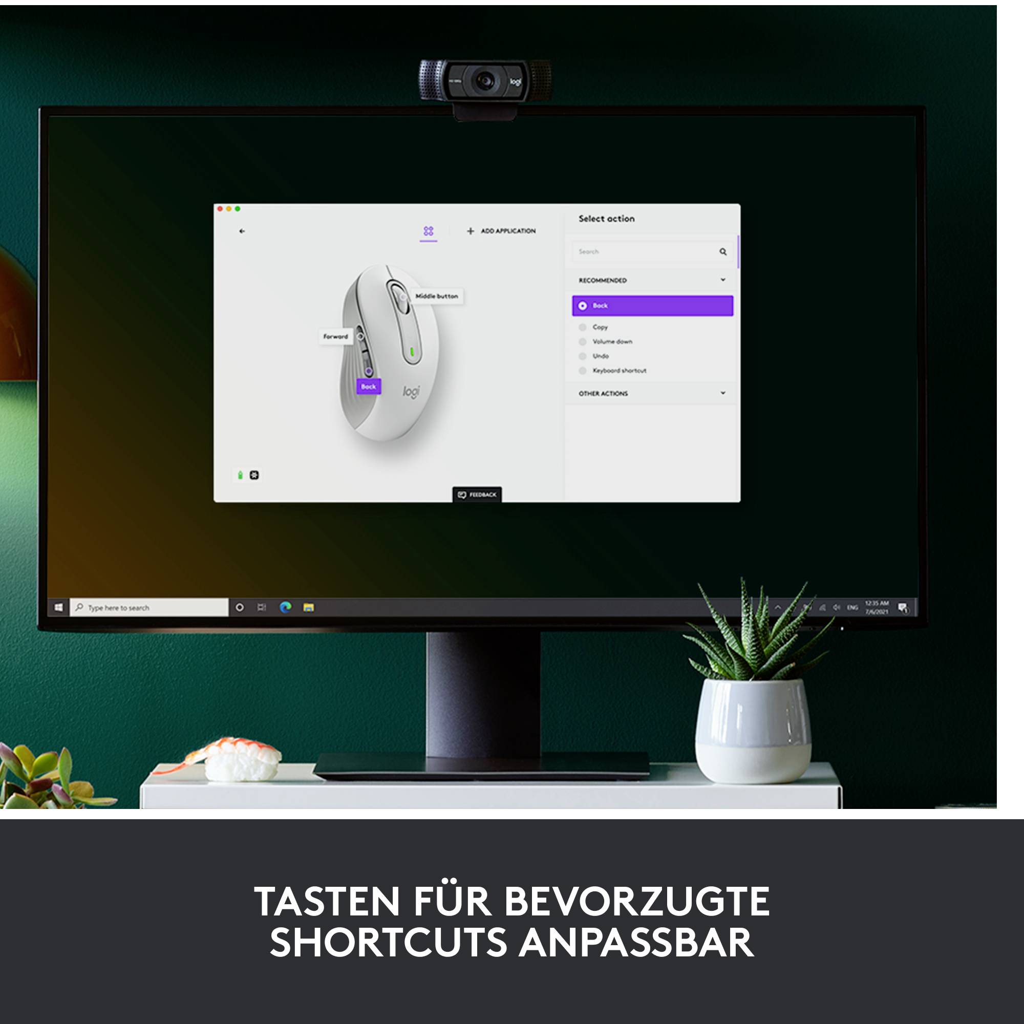 Ein Monitor zeigt eine Software zum Anpassen von Maustasten für 'bevorzugte Shortcuts', mit Bild einer Maus und Einstellungsoptionen.