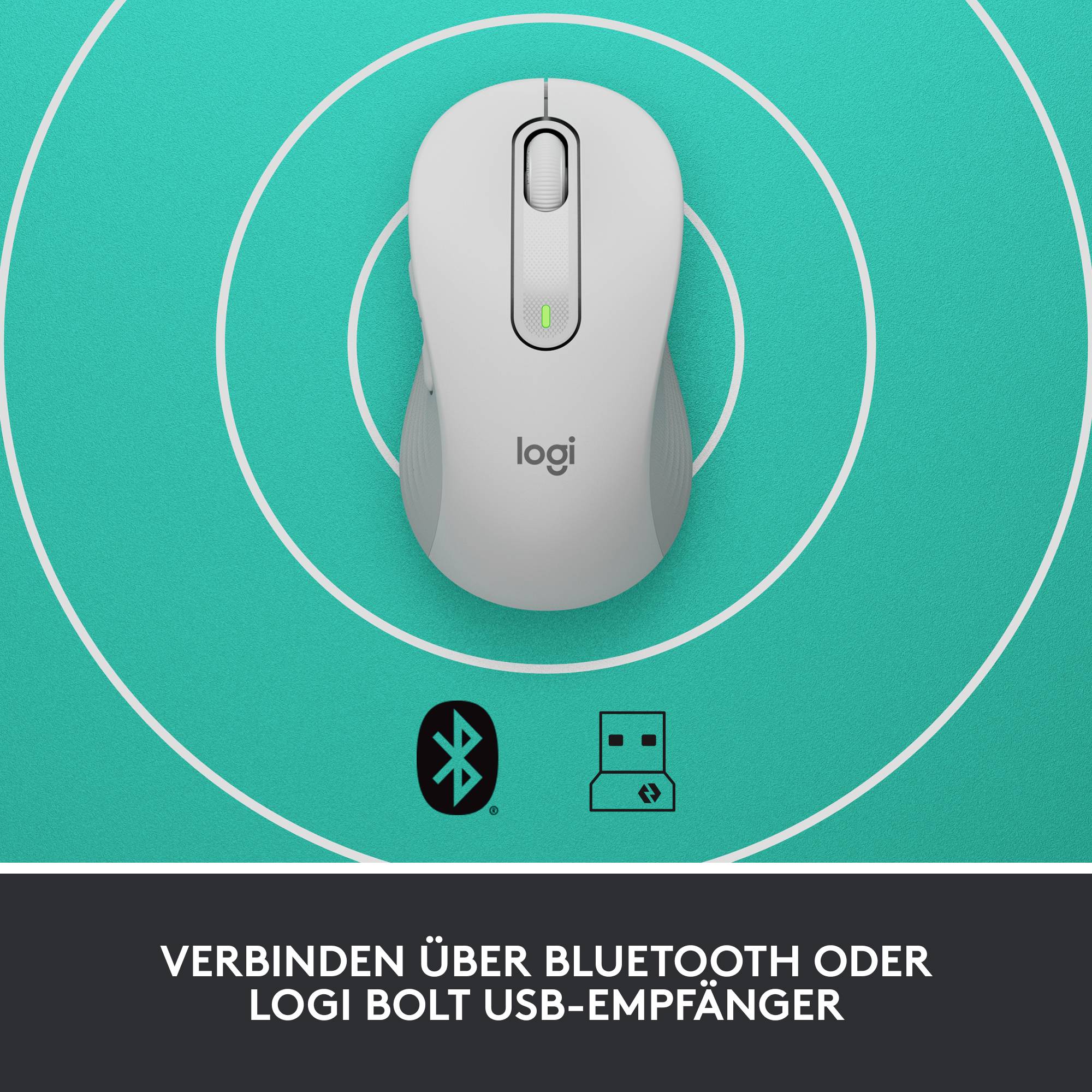 Eine graue Computermaus auf türkisfarbenem Hintergrund. Darunter Text: 'Verbinden über Bluetooth oder Logi Bolt USB-Empfänger'.