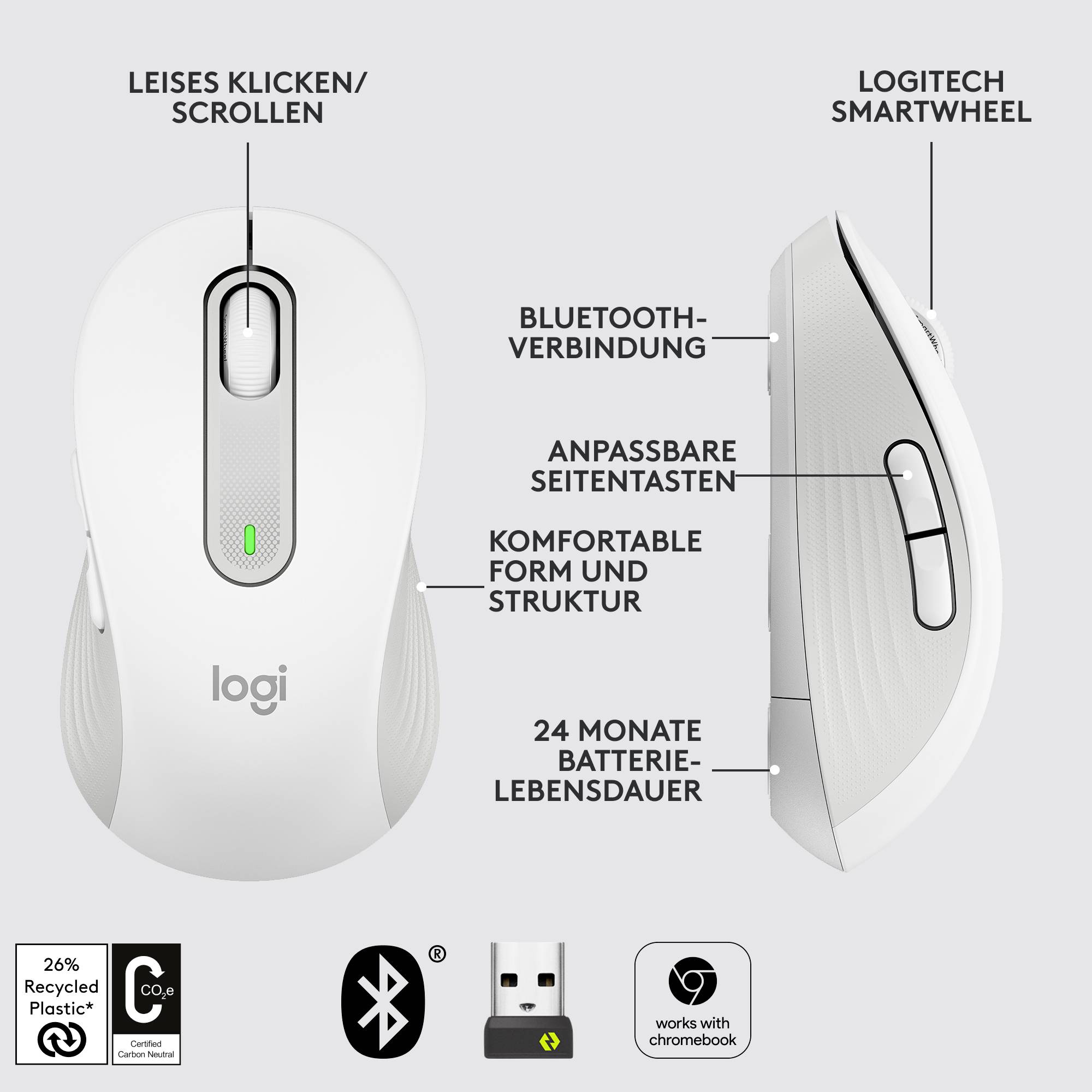 Weiße Logitech-Maus mit Bluetooth, leisem Klicken, anpassbaren Seitentasten, 24 Monate Batterielebensdauer und komfortabler Form.