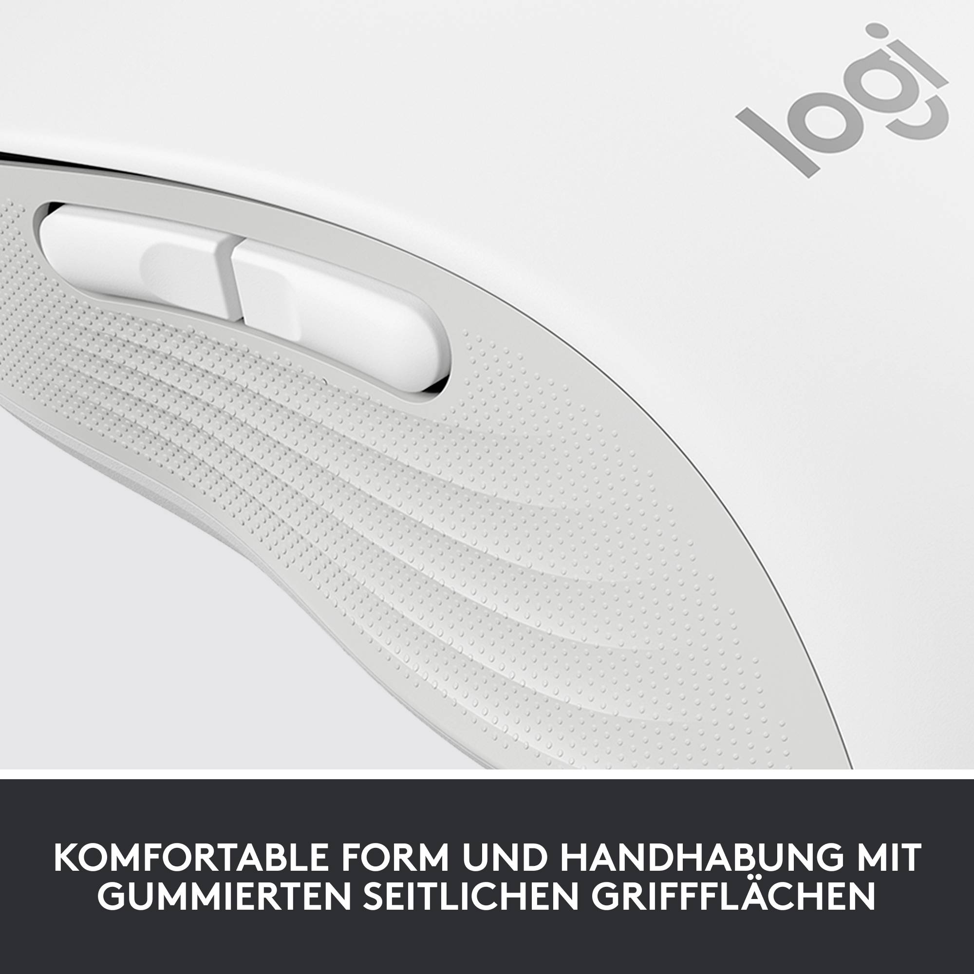 Komfortable Form zeigt eine Computermaus mit strukturierten, gummierten seitlichen Griffflächen für besseren Halt. Logo oben rechts.