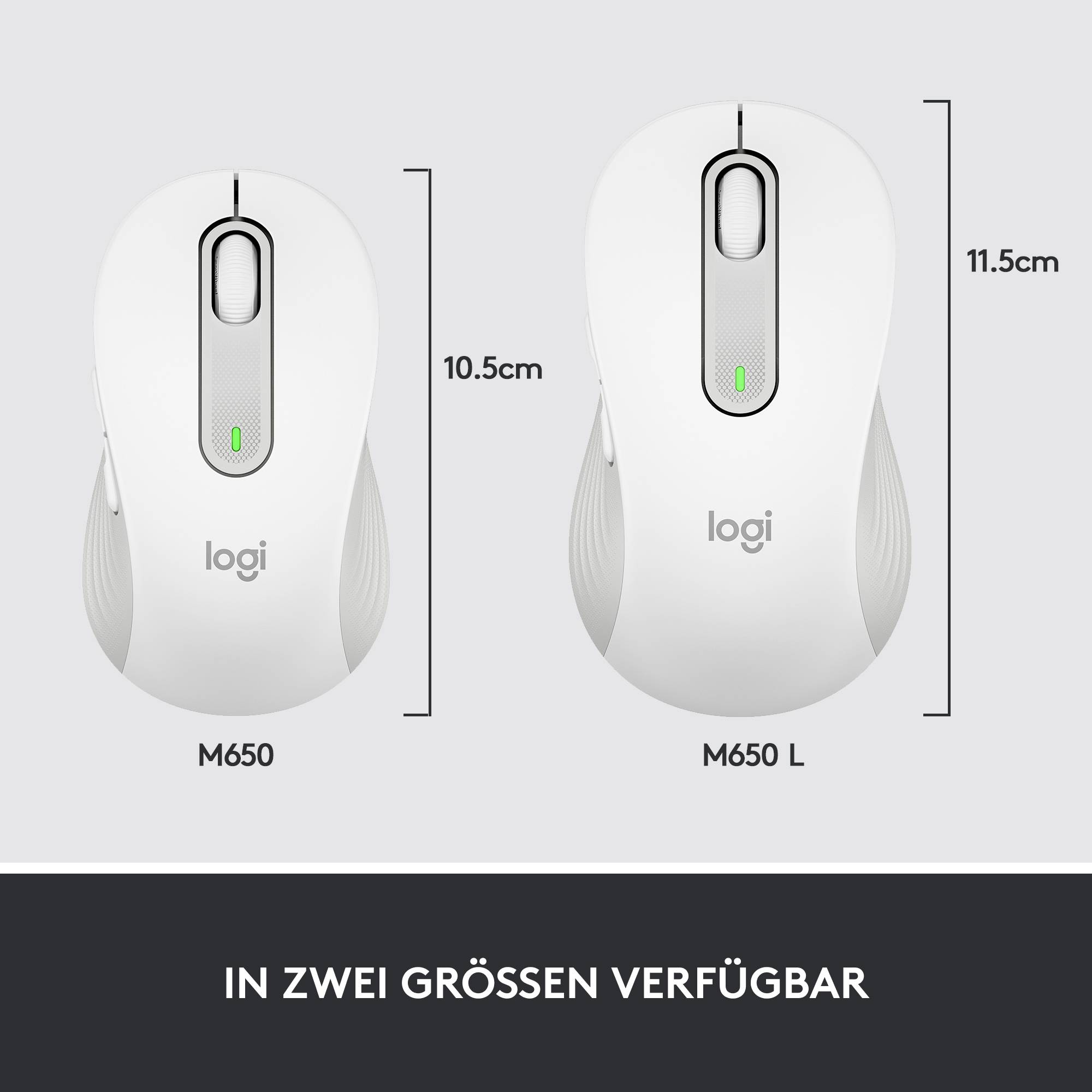 Zwei Mäusemodelle mit Beschriftungen M650 und M650 L und den Höhenangaben 10,5 cm und 11,5 cm. Text: In zwei Größen verfügbar.