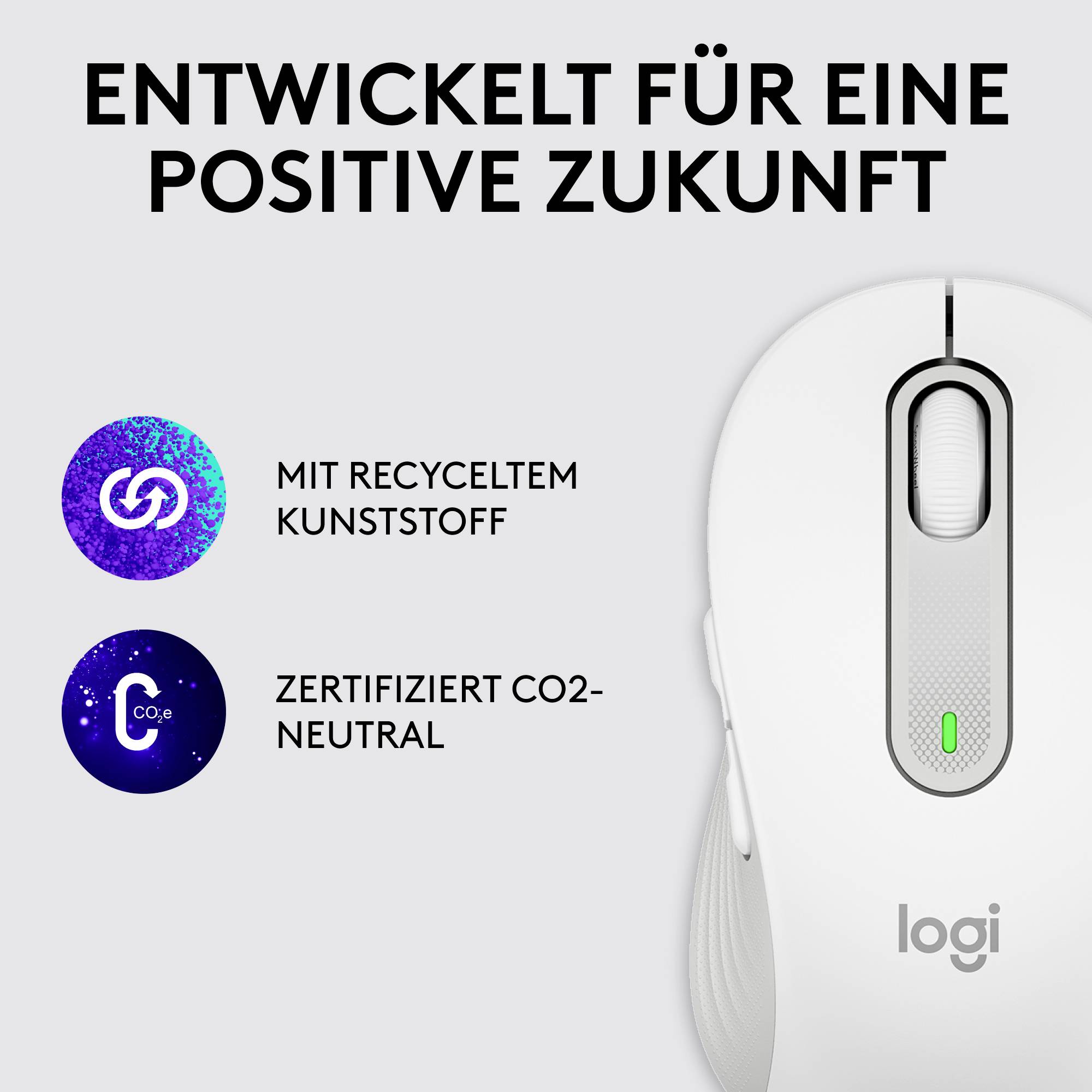 Maus mit recyceltem Kunststoff und CO2-Zertifikat. Text oben: Entwickelt für eine positive Zukunft. Logos: Recycelt, CO2-neutral.
