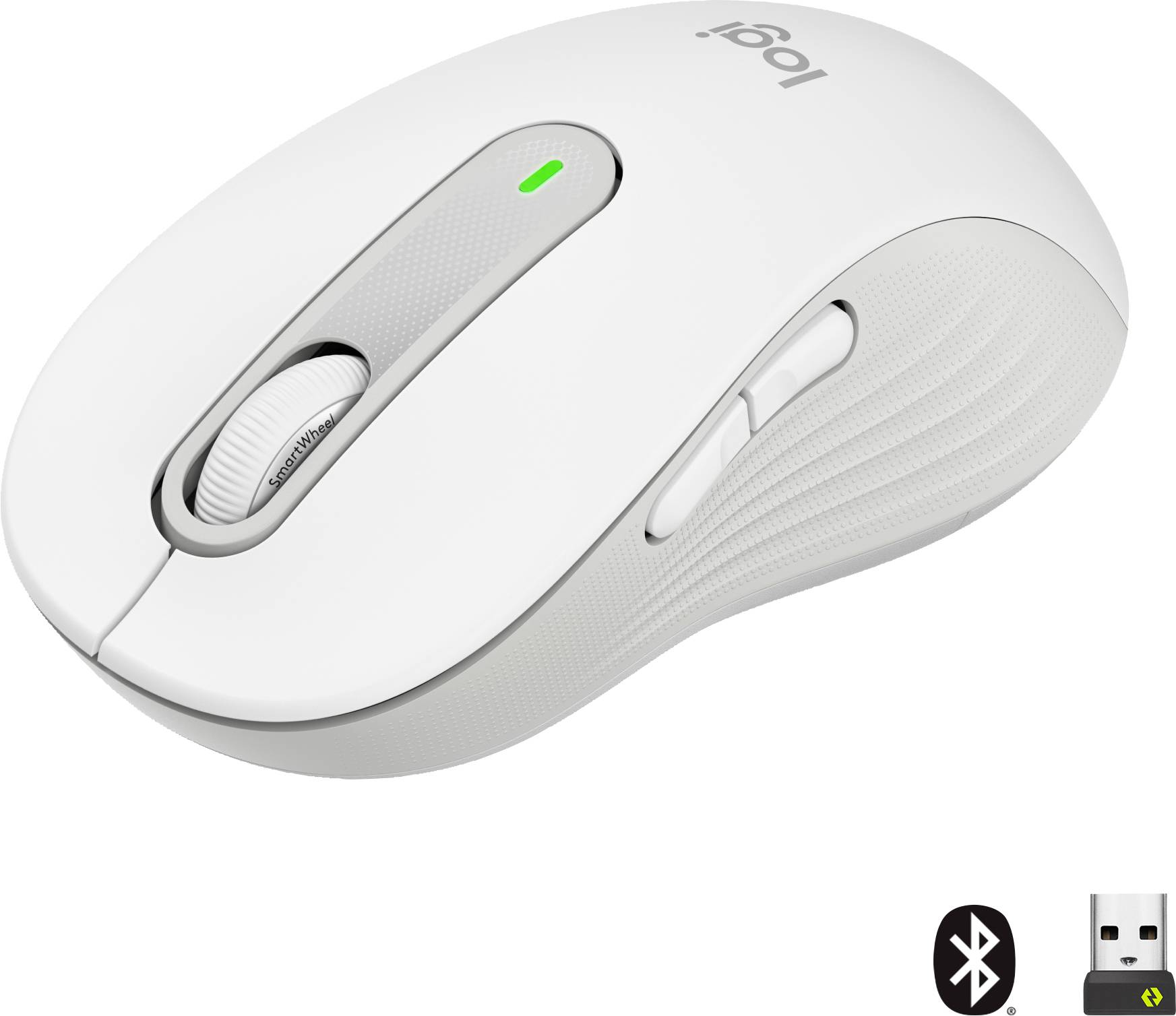 Weiße kabellose Computermaus mit Scrollrad und zuschaltbarem USB-Adapter. Bluetooth kompatibel, ergonomisches Design.