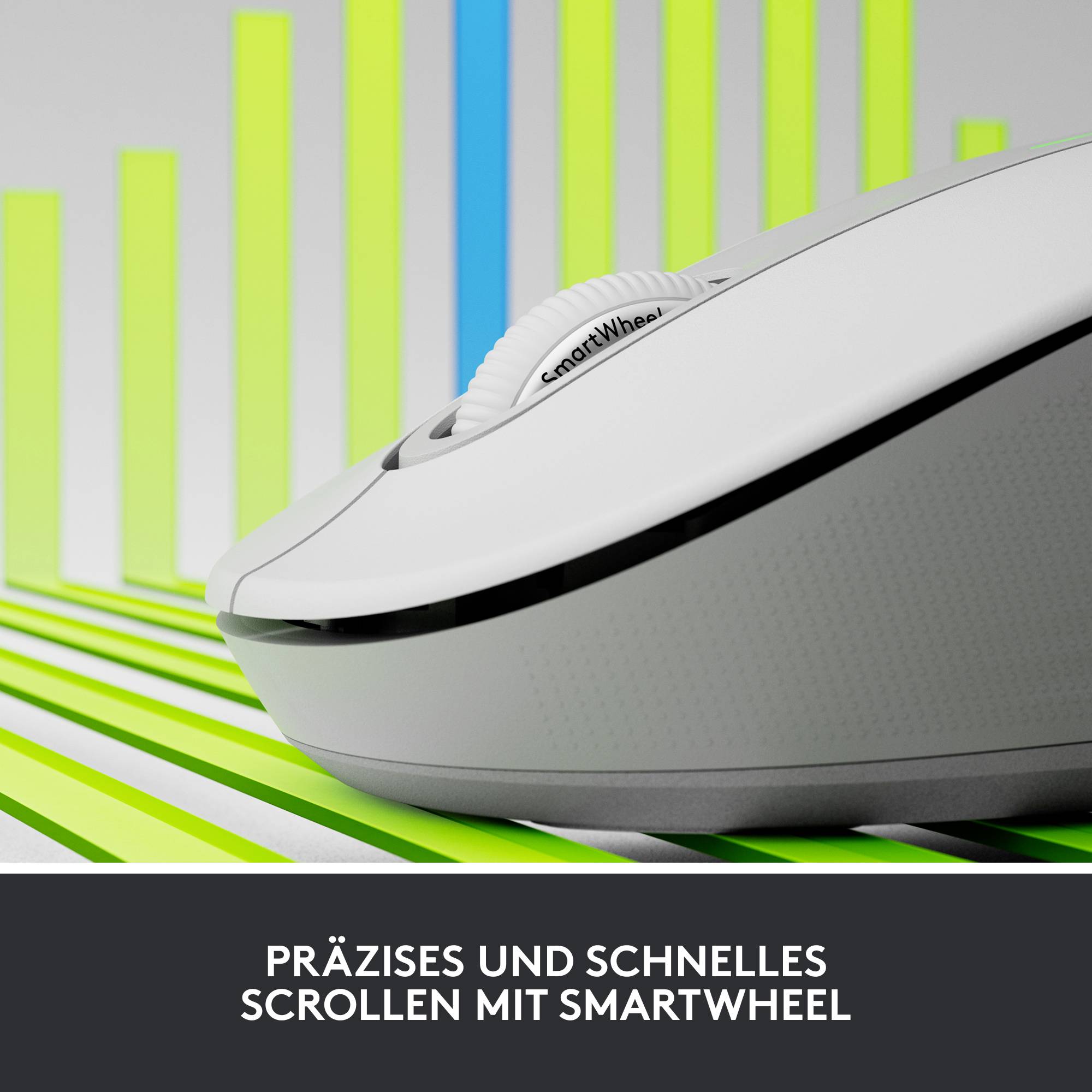 Eine Computermaus mit der Aufschrift 'SmartWheel'. Darunter der Text 'Präzises und schnelles Scrollen mit SmartWheel'. Im Hintergrund sind bunte Balken zu sehen.
