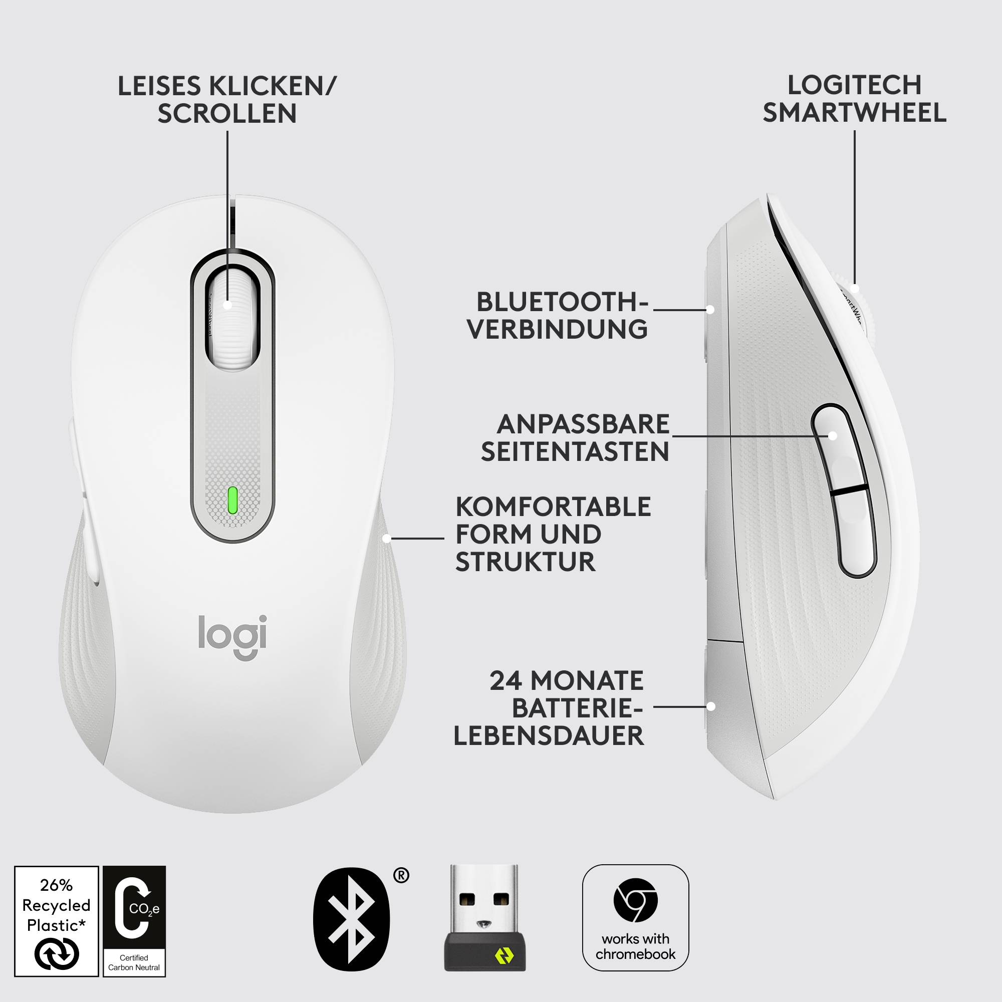 Logitech Maus mit leisen Klicks/Scrollen, Bluetooth-Verbindung, anpassbaren Seitentasten, SmartWheel und 24 Monate Batterielebensdauer.