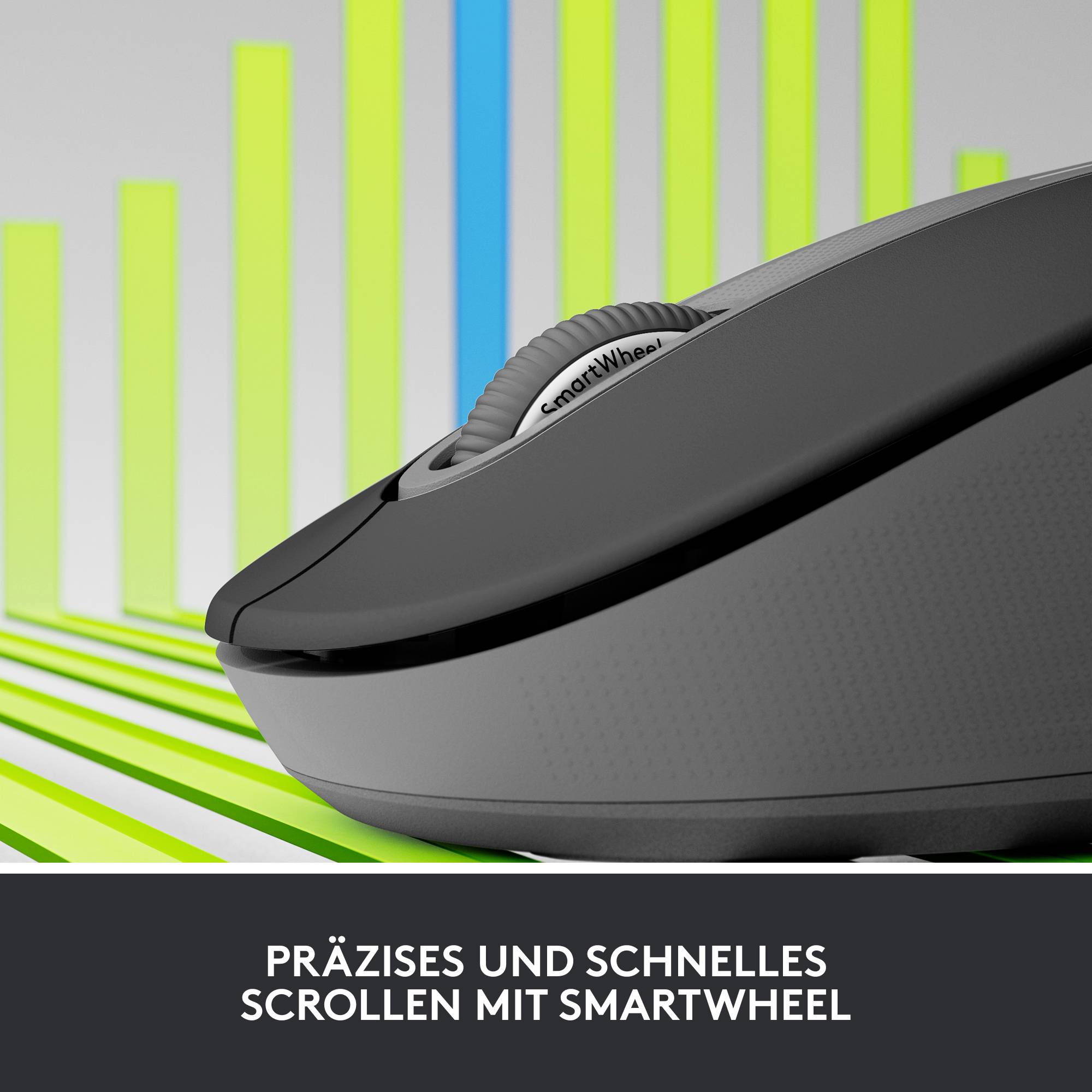Eine Computermaus mit der Aufschrift 'Präzises und schnelles Scrollen mit Smartwheel' und farbige Balkendiagramme im Hintergrund.