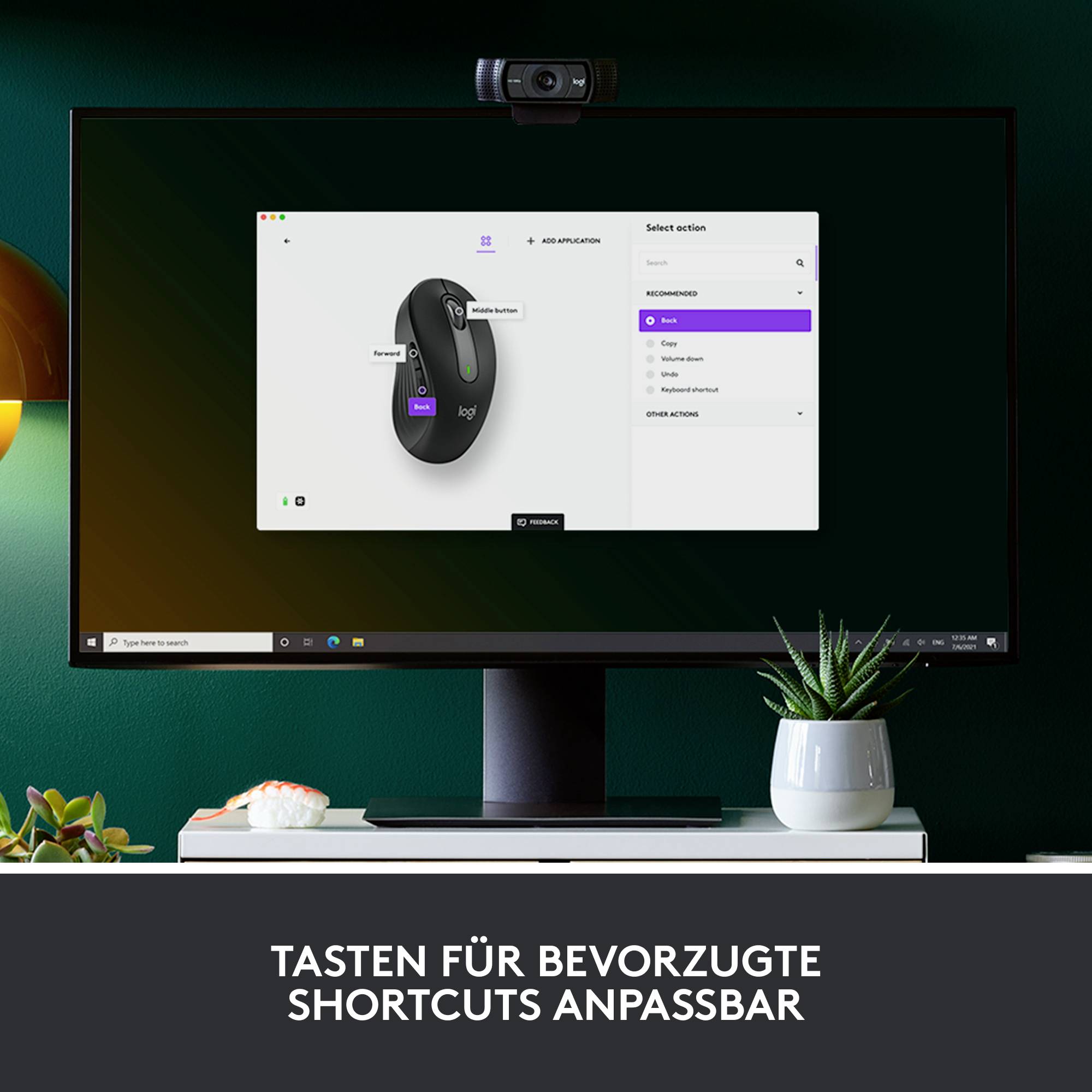 Ein Computerbildschirm zeigt eine Software für Maus-Einstellungen. Text darunter: 'Tasten für bevorzugte Shortcuts anpassbar'.