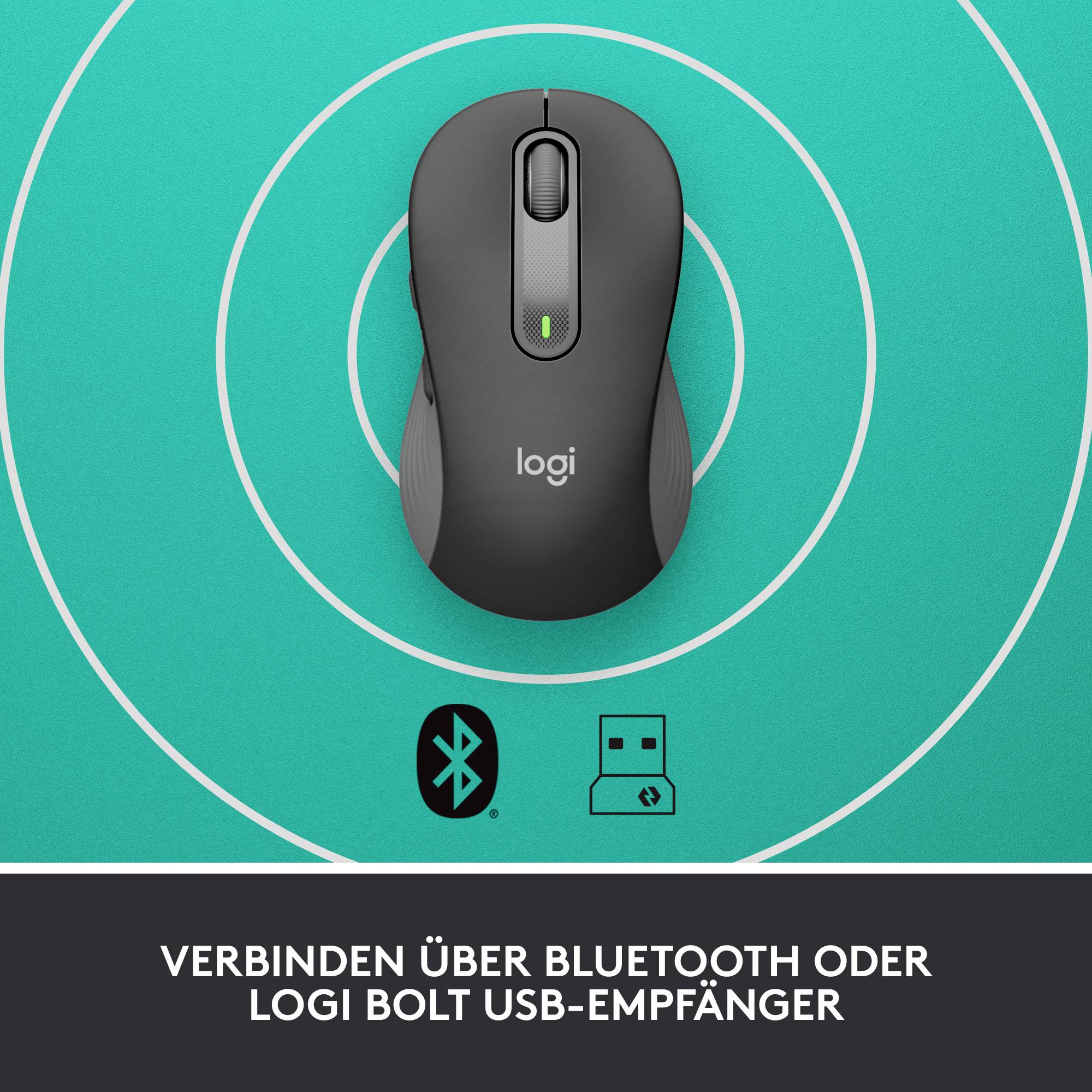Eine kabellose Computermaus mit 'Logi'-Logo, umgeben von Kreisen. Darunter Symbole: Bluetooth, USB-Empfänger. Text: 'Verbinden über Bluetooth oder Logi Bolt USB-Empfänger'.