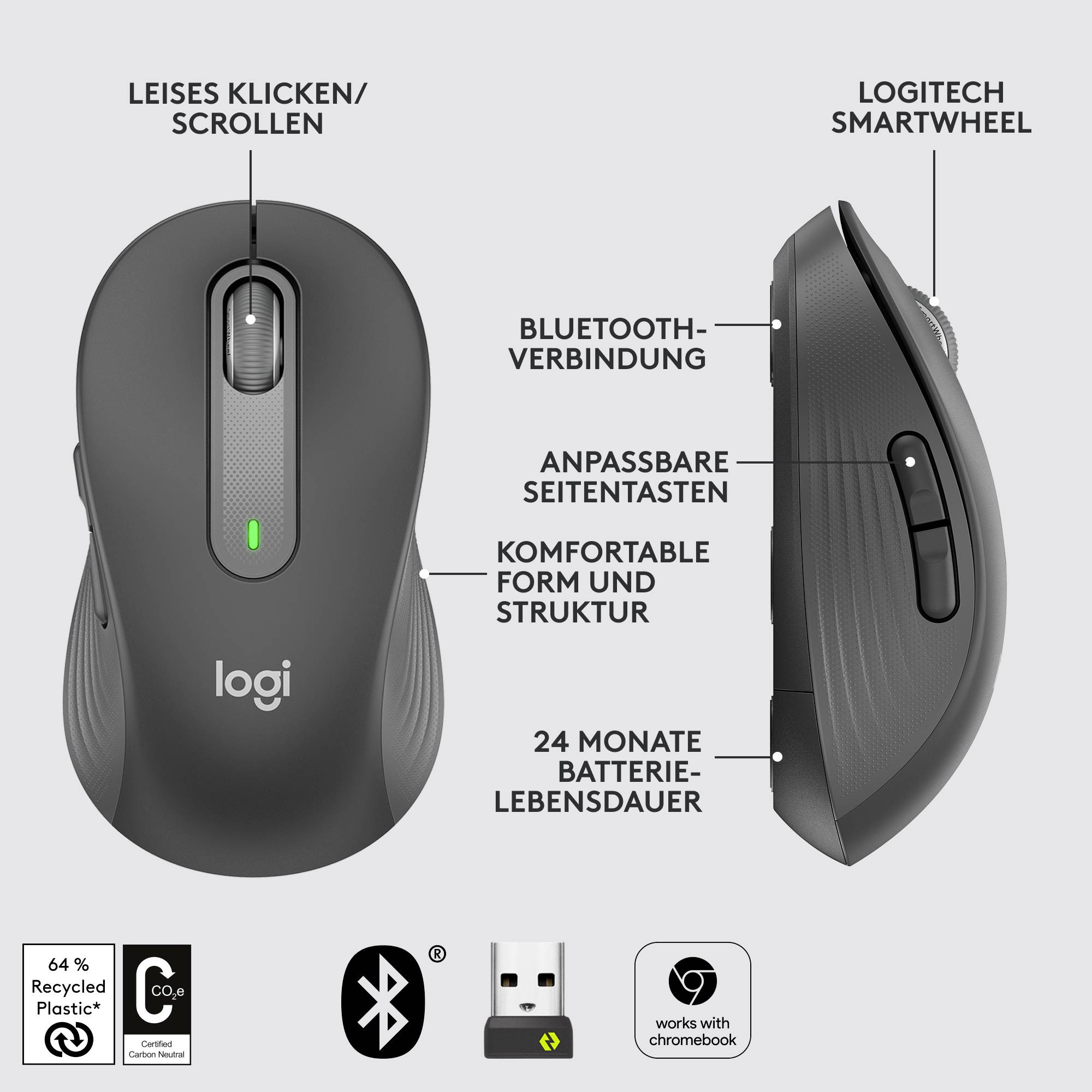 'Logitech Smartwheel'-Maus mit leise klickendem Scrollrad, Bluetooth, anpassbarer Seitentaste und 24 Monate Batterielebensdauer.