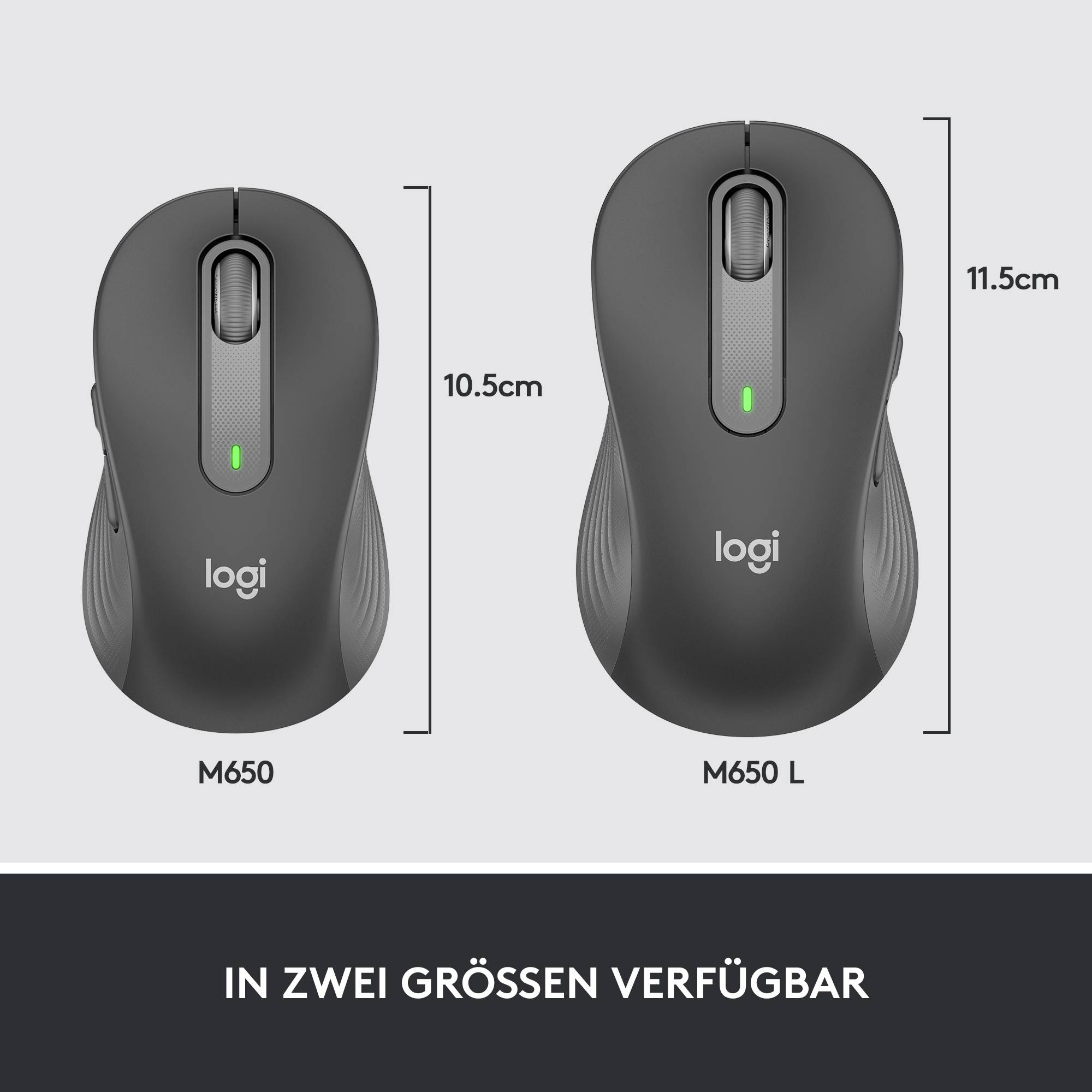 Zwei kabellose Computermäuse von Logitech in unterschiedlichen Größen: M650 (10,5 cm) und M650 L (11,5 cm), beide mit Scrollrad.