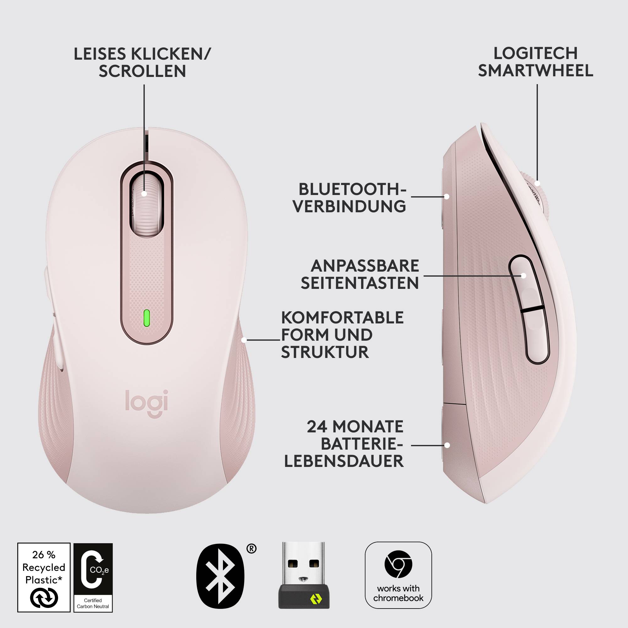 Logitech Signature M650 Maus Funk, Bluetooth® Rechtshänder Größe: M Optisch Rose 5 Tasten 4000 dpi