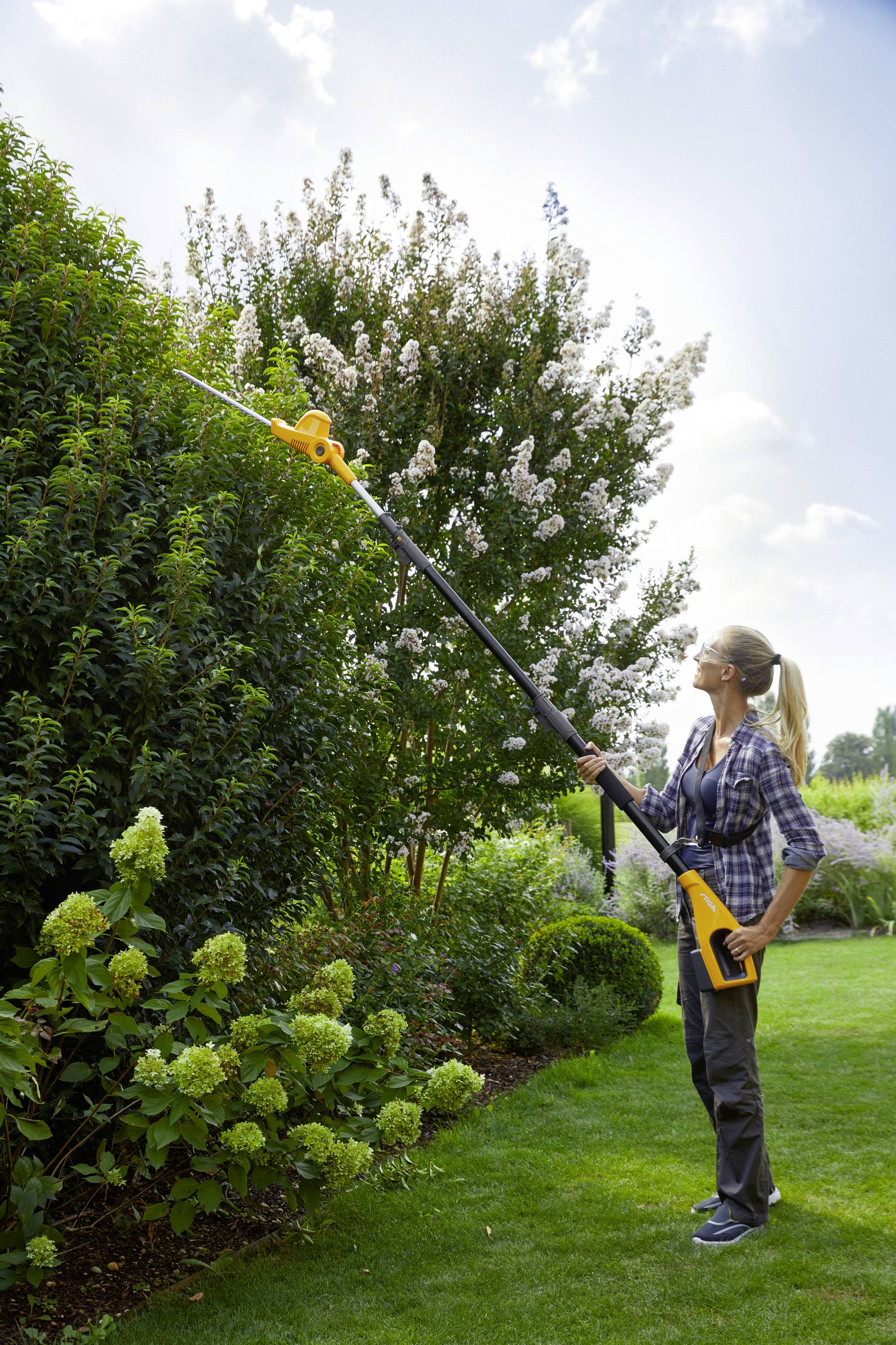 Person gärtnert mit akkubetriebenem Hochentaster, schneidet hohe Büsche im Garten. Klarer Himmel im Hintergrund.