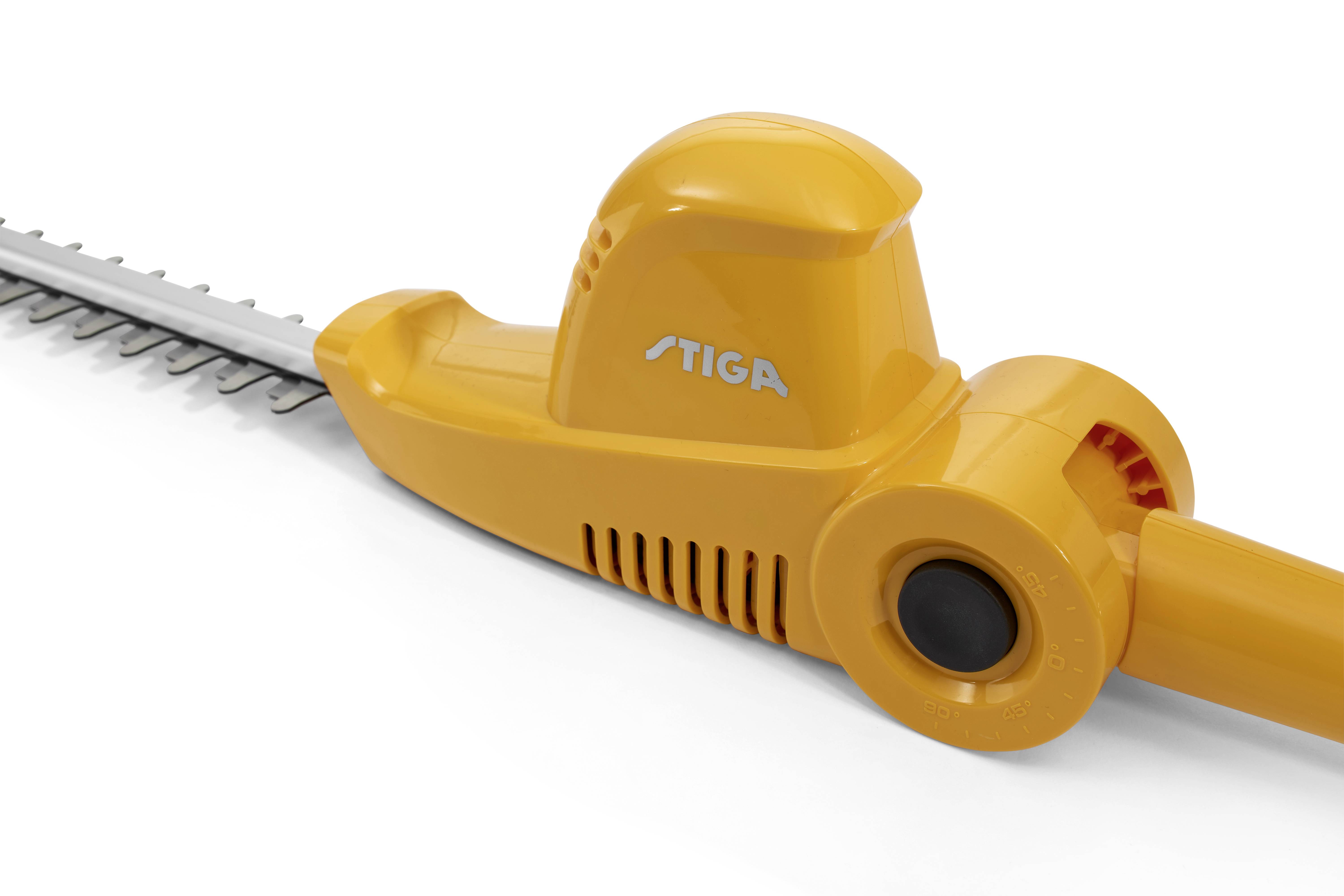 Elektro-Heckenschere mit gelbem Gehäuse, langer Metallschneide und ergonomischem Griff, geeignet für Präzisionstrimmen im Garten.