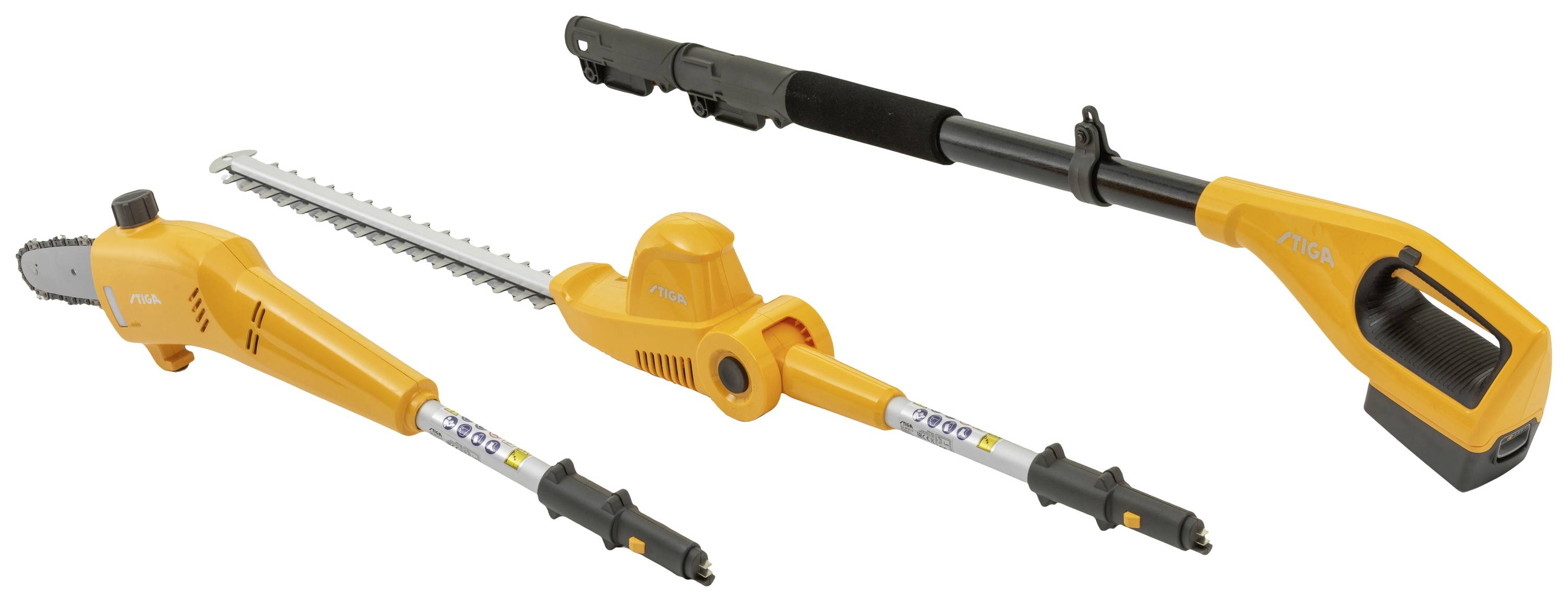 Drei orangefarbene Gartenwerkzeuge mit Verlängerungsstangen: eine Heckenschere, eine Kettensäge und ein weiteres Gerät.