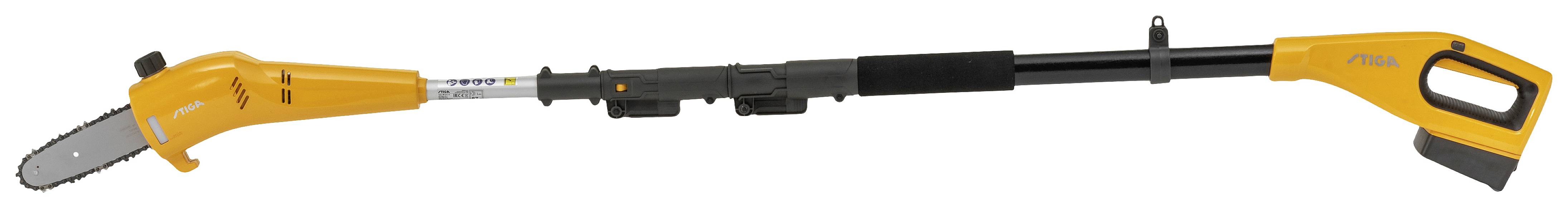 Teleskop-Astsäge mit gelber und schwarzer Farbgebung, ideal zum Beschneiden hoher Äste ohne Leiter.