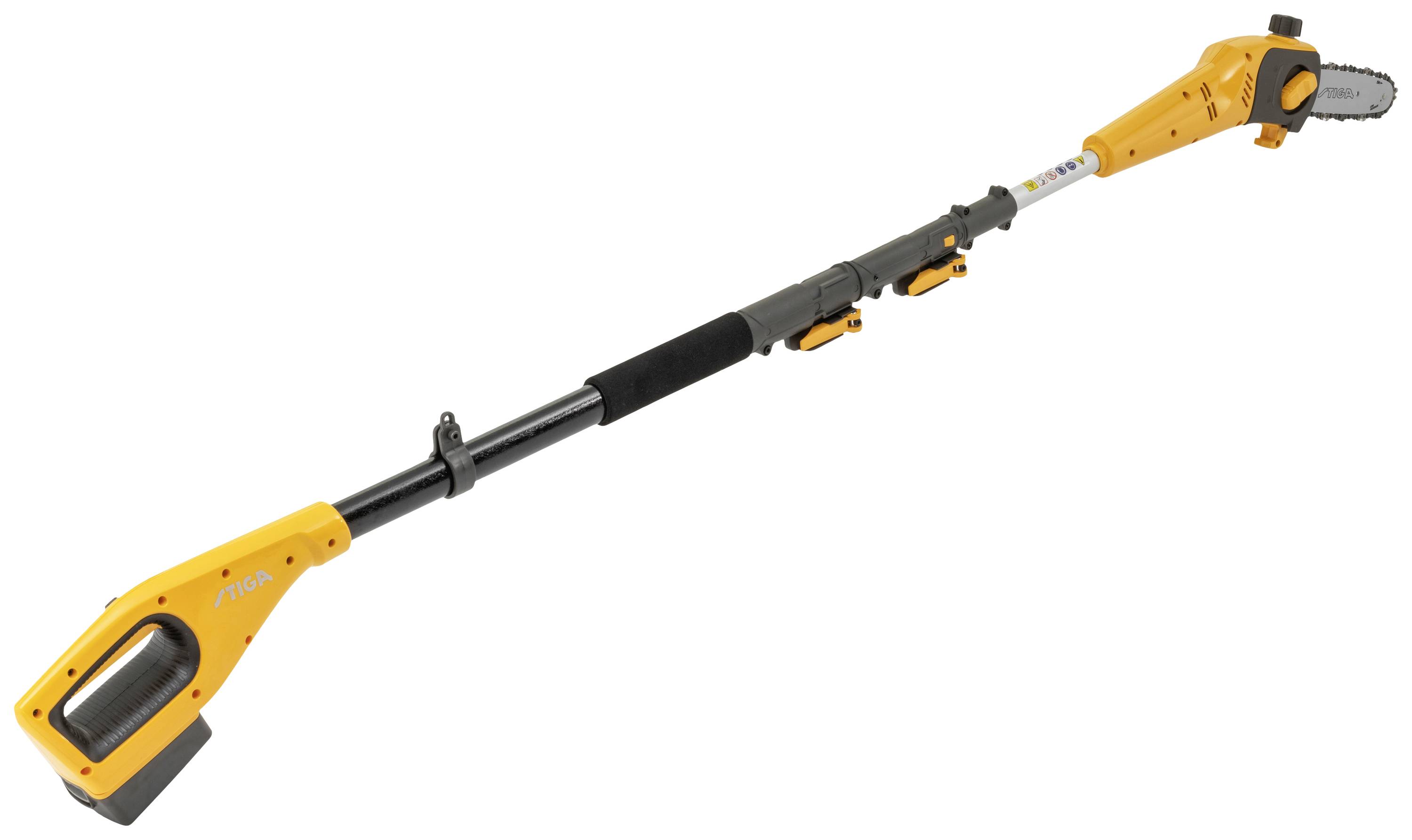 Ein gelb-schwarzer Teleskop-Hochentaster mit Kettensäge für das Schneiden von Ästen in großer Höhe. Akku-betrieben, kompakte Bauweise.