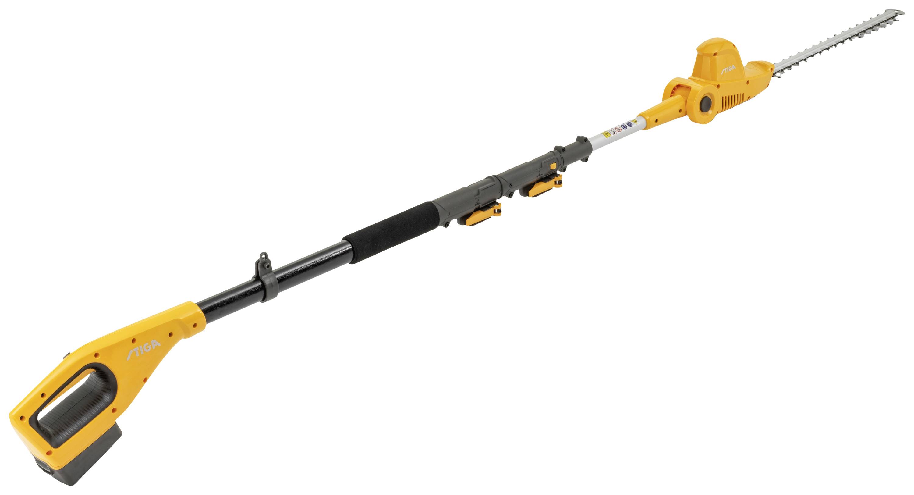 Akku-Heckenschere mit langem Teleskopgriff und orangefarbenem Gehäuse, geeignet für hohe Hecken und schwer zugängliche Stellen.