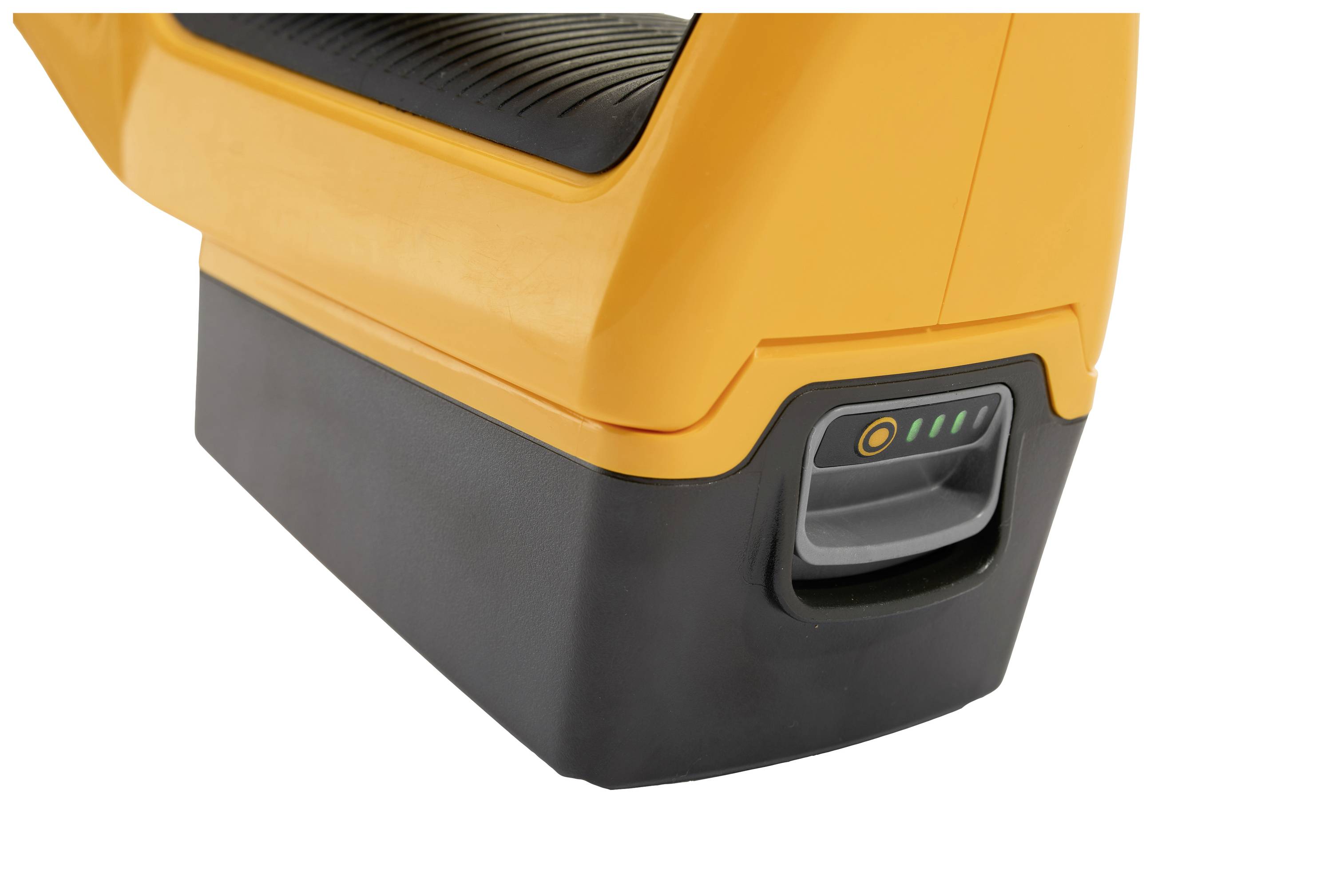 Nahaufnahme einer orangefarbenen Maschine mit einem Batteriestandsanzeiger, der drei grüne Balken anzeigt.