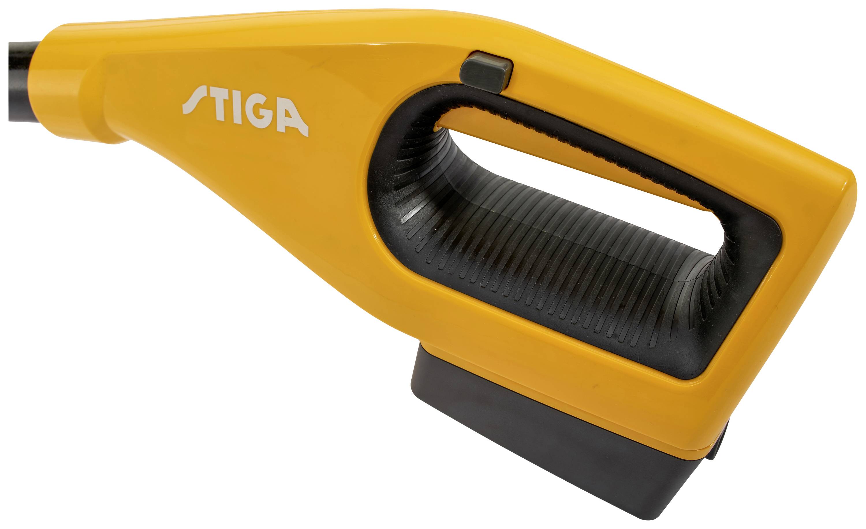Gelber Stiga Werkzeuggriff mit schwarzem Detail und Knopf oben, ergonomisch gestaltet für komfortable Handhabung.