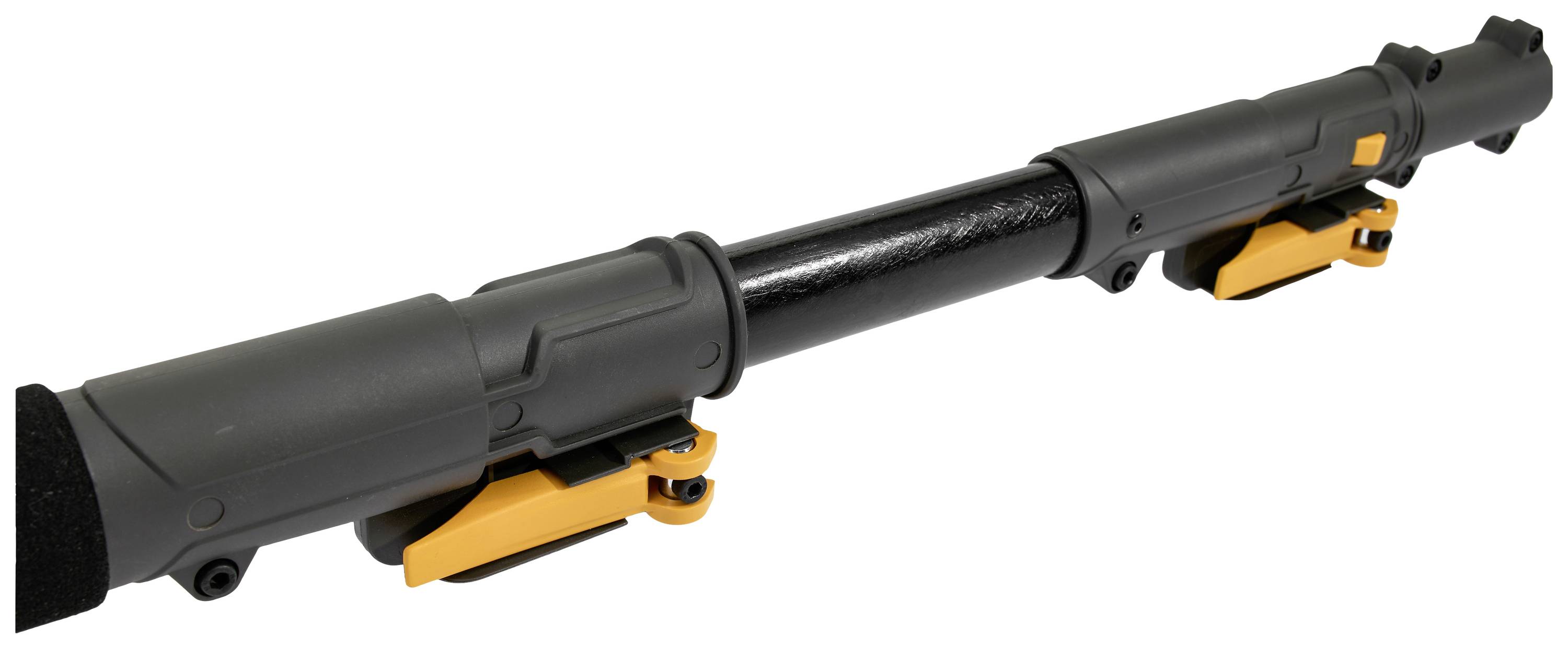 Grauer, längenverstellbarer Teleskoparm mit orangefarbenen Schnellverschlüssen, geeignet für Foto- oder Filmaufnahmen.