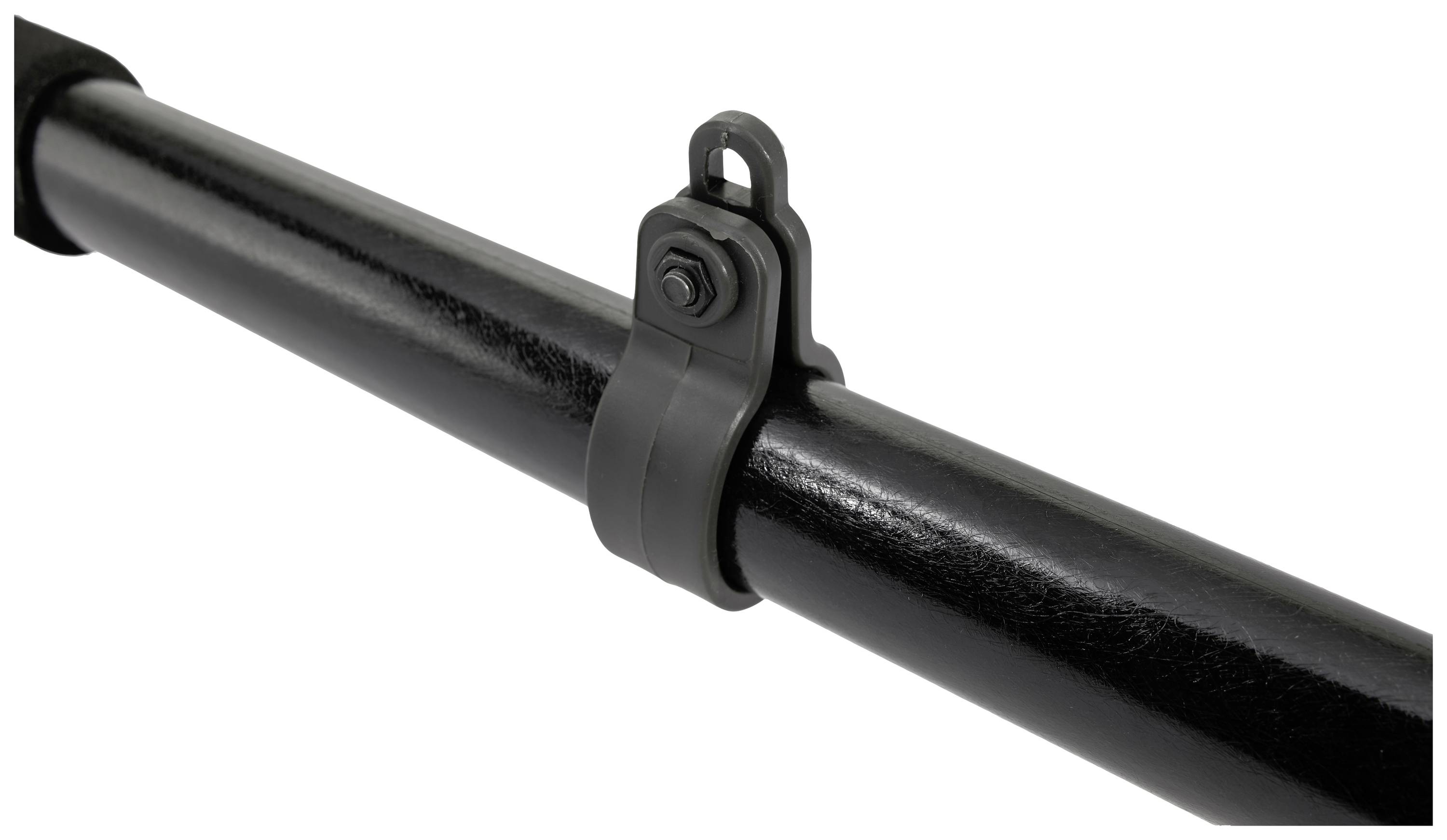 Schwarzer Metallstab mit einer grauen Kunststoffhalterung in der Mitte. Geeignet für Befestigungs- oder Sicherungszwecke.