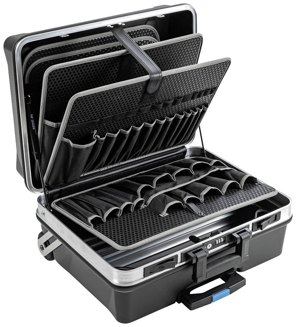 Ein geöffneter, schwarzer Hartschalenkoffer mit mehreren Fächern und Taschen für Werkzeuge oder Zubehör.