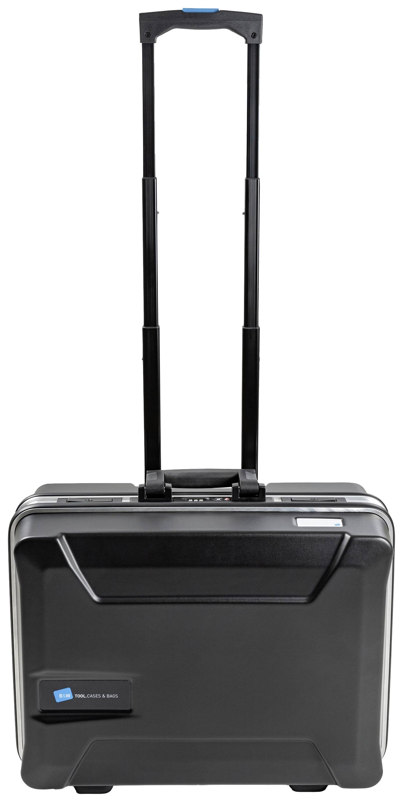 Ein schwarzer Rollkoffer mit ausgefahrenem Griff, geeignet für Reisen.