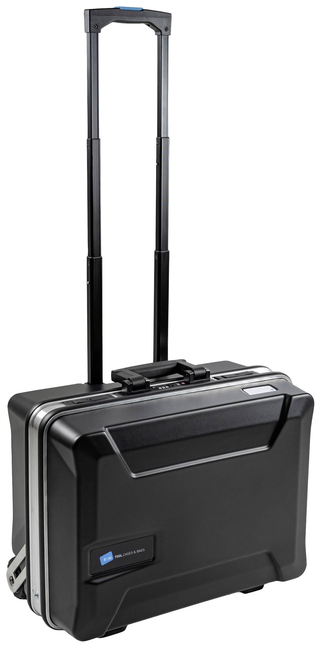 Ein schwarzer Rollkoffer mit Teleskopgriff auf zwei Rädern. Der Koffer wirkt robust und ist für den professionellen Gebrauch geeignet.