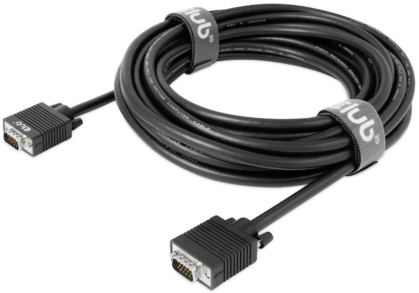 Ein schwarzes VGA-Kabel mit zwei Steckern und Klettbändern zum einfachen Verstauen, ideal für Computer- und Monitorverbindungen.