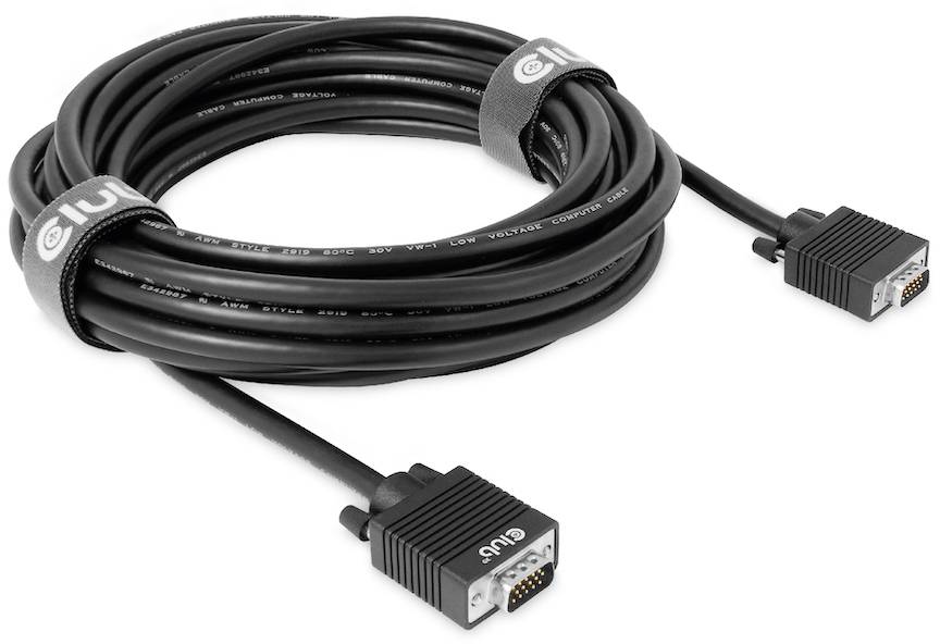 Schwarzes VGA-Kabel mit zwei Steckern und Klettbandklemmen zum Bündeln. Wird zur Verbindung von Videogeräten wie Monitoren genutzt.