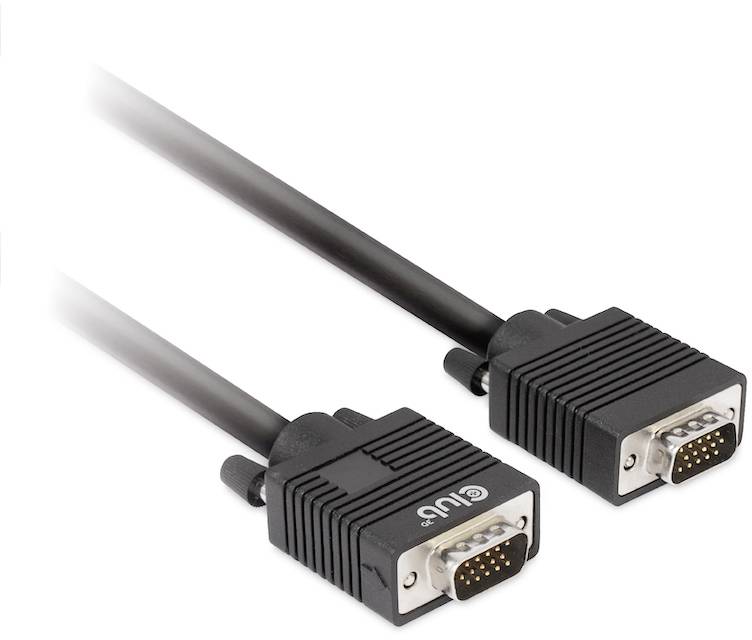 Zwei schwarze VGA-Kabel mit jeweils einem 15-Pin-Stecker sind abgebildet. Die Kabel sind seitlich positioniert und verlaufen in die Bildmitte.