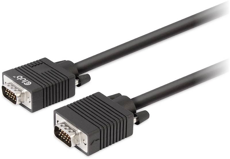 Zwei schwarze VGA-Kabel mit Steckern und Metallanschlussstücken, geeignet für die Verbindung von Computern mit Monitoren.