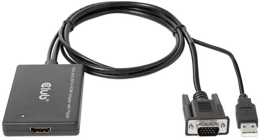 Schwarz glänzender Adapter: HDMI-Anschluss auf VGA-Kabel mit USB-Anschlus für Stromversorgung. Verbindet HDMI-Geräte mit VGA-Bildschirmen.