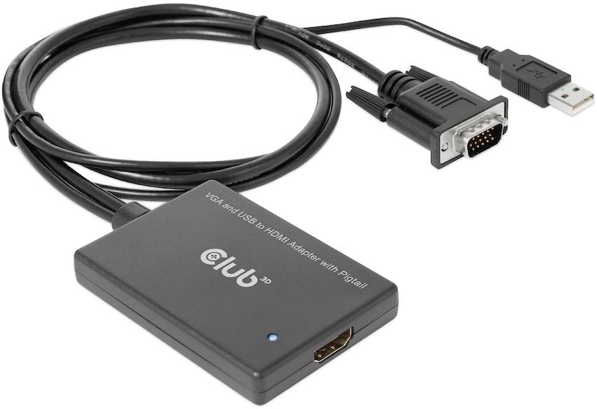 Schwarzer VGA-zu-HDMI-Adapter mit USB-Stromkabel. Aufschrift 'Club 3D'. Adapter für Videoverbindungen von Computern zu Monitoren.