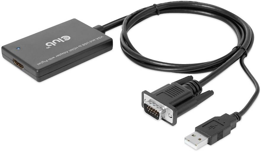 Ein schwarzer USB-auf-VGA-Adapter mit Kabel. Der VGA-Stecker ist neben dem USB-Stecker sichtbar. Produkt zur Verbindung von Geräten.