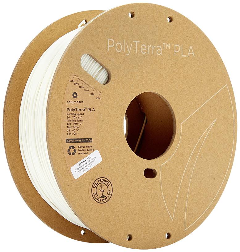 Eine Rolle weißes PolyTerra PLA 3D-Druckerfilament, umweltfreundlich verpackt, auf braunem Karton mit Maßangaben und Logo.