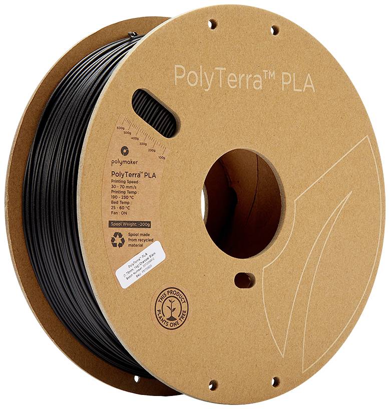 Spule mit schwarzem 3D-Druckmaterial, beschriftet mit 'PolyTerra PLA'. Umweltfreundliche Verpackung und Materialangabe aufgedruckt.