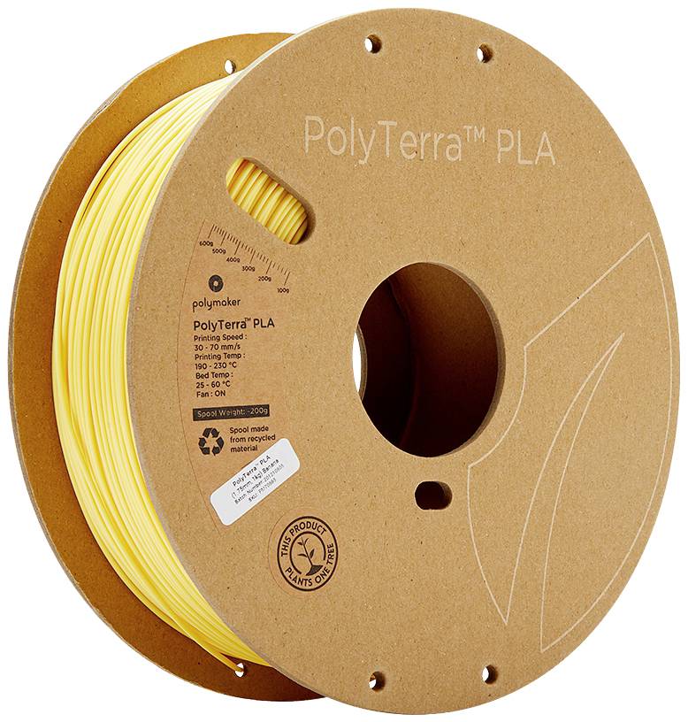 Gelbe Filamentspule aus PLA mit einem biologisch abbaubaren Label. Text auf Spule: 'PolyTerra PLA'. Maßangabe und Recycling-Symbol sichtbar.